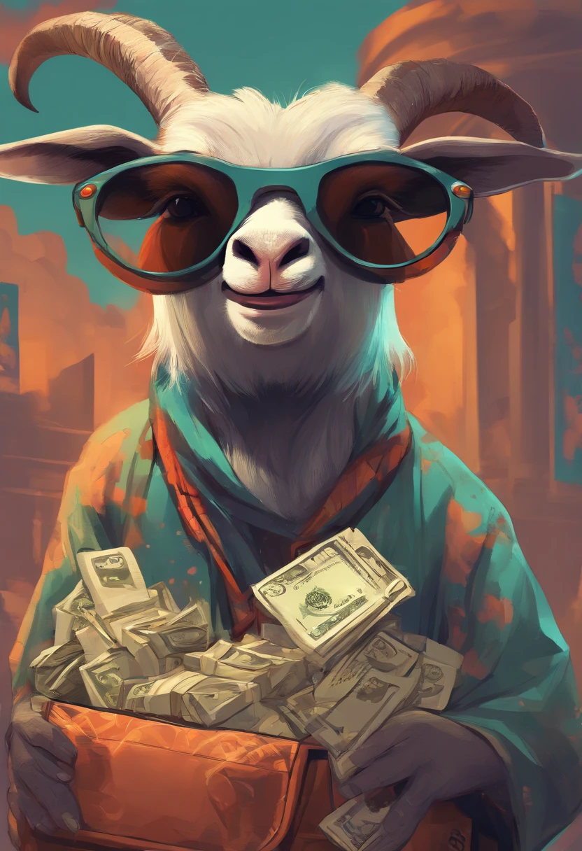 One African goat in nigerian atire wearing sunshades glasses holding a bag full of cash)), big grin, confidently jolly away, Hd, Comic art, Cartoon, Character concept, style, ((full body)) chilling in the mall, cartoon, cinematic lighting, funy, cute, side view, cute, 4k, vibrant colors, devinart, trend in artstation