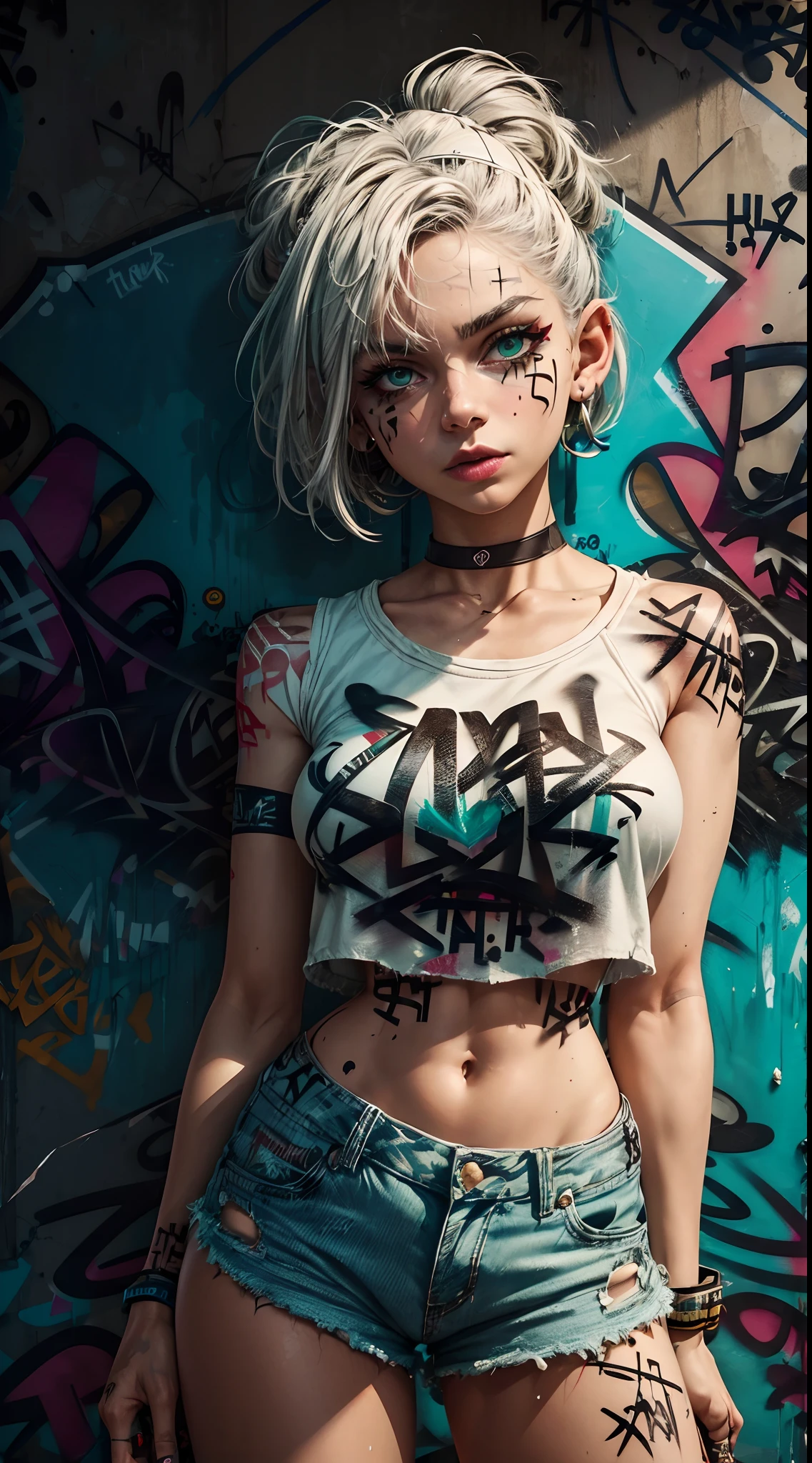 masterpiece, best quality, Tia is shown to have a fairly slender figure. She has white-grey hair , she has short hair and large pale green eyes, crop top, denim shorts, choker, (graffiti:1.5), paint splatter, arms behind back, against wall, looking at viewer, armband, paint on body, head tilt, bored, headset,