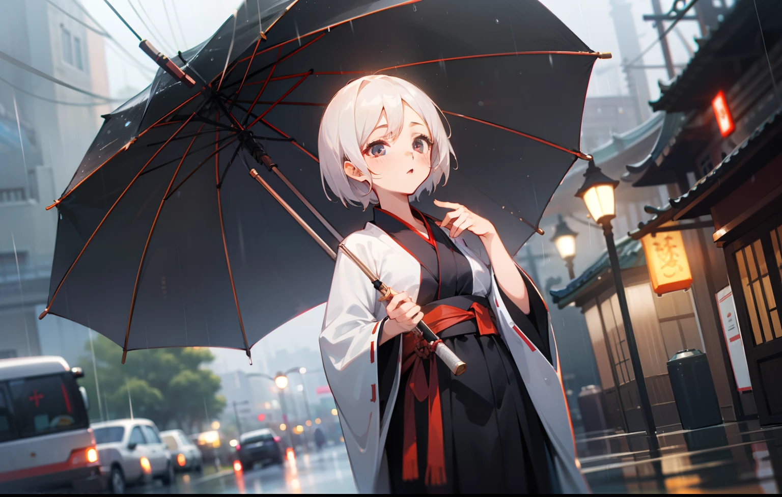 masutepiece, Best Quality, High quality, High Definition CG Unified Wallpaper 8K, Girl's short hair black, Wearing cool black hanfu costume, Cute, Standing Fairy Satin Chinese Style, rainy, Bokeh on rainy days, Surrounding townscape, With depth