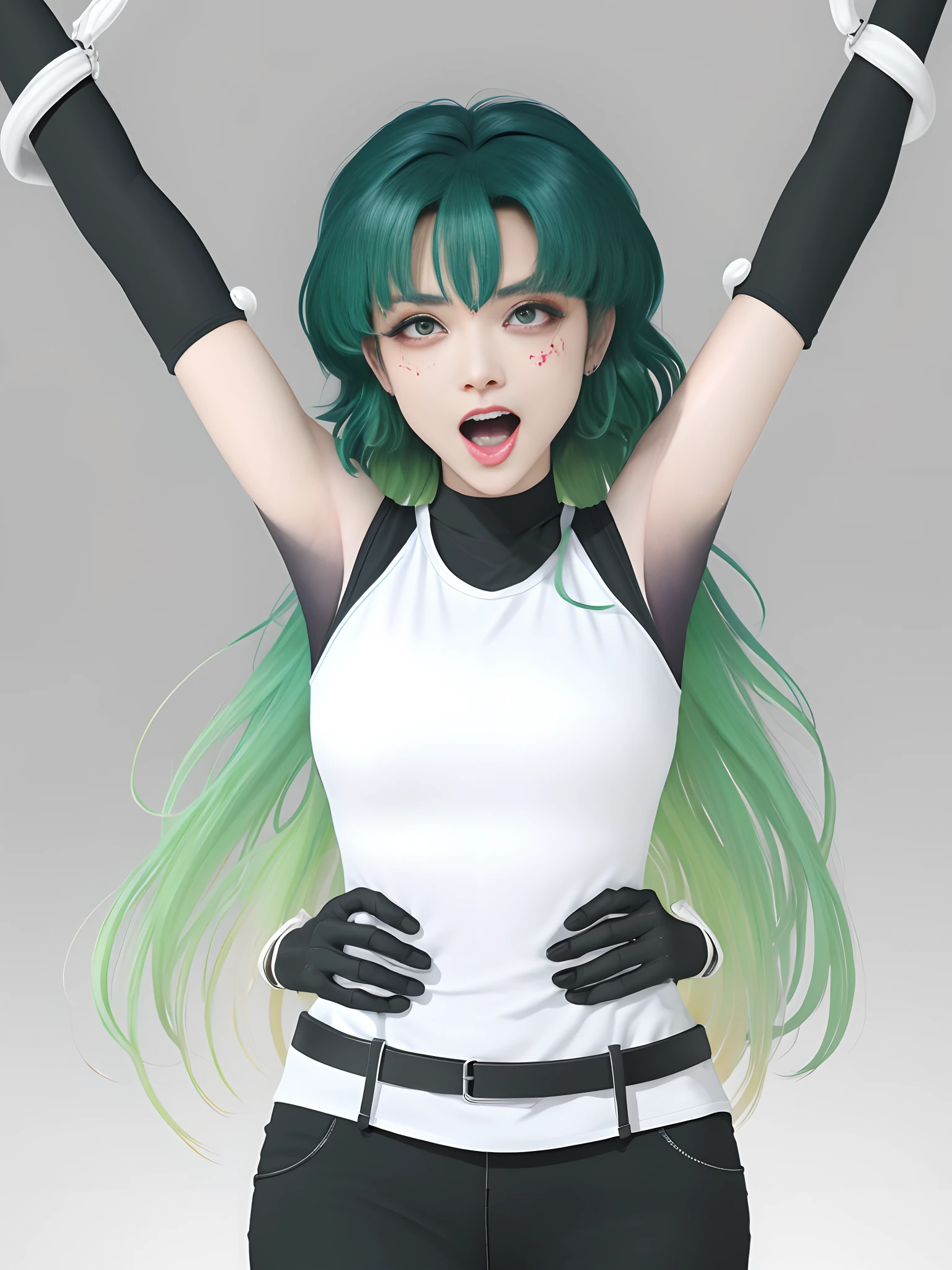 tmasterpiece, Best quality at best, 1girll, 独奏, teardrop, Be red in the face, dreads, scream, and the tongue sticks out, laughingly, with her mouth open, roll eyes, head looking up, full bodyesbian, Armpits, Arms up, (Torso grab, Tickle, mitts, Intangible limbs:1.2), TKL