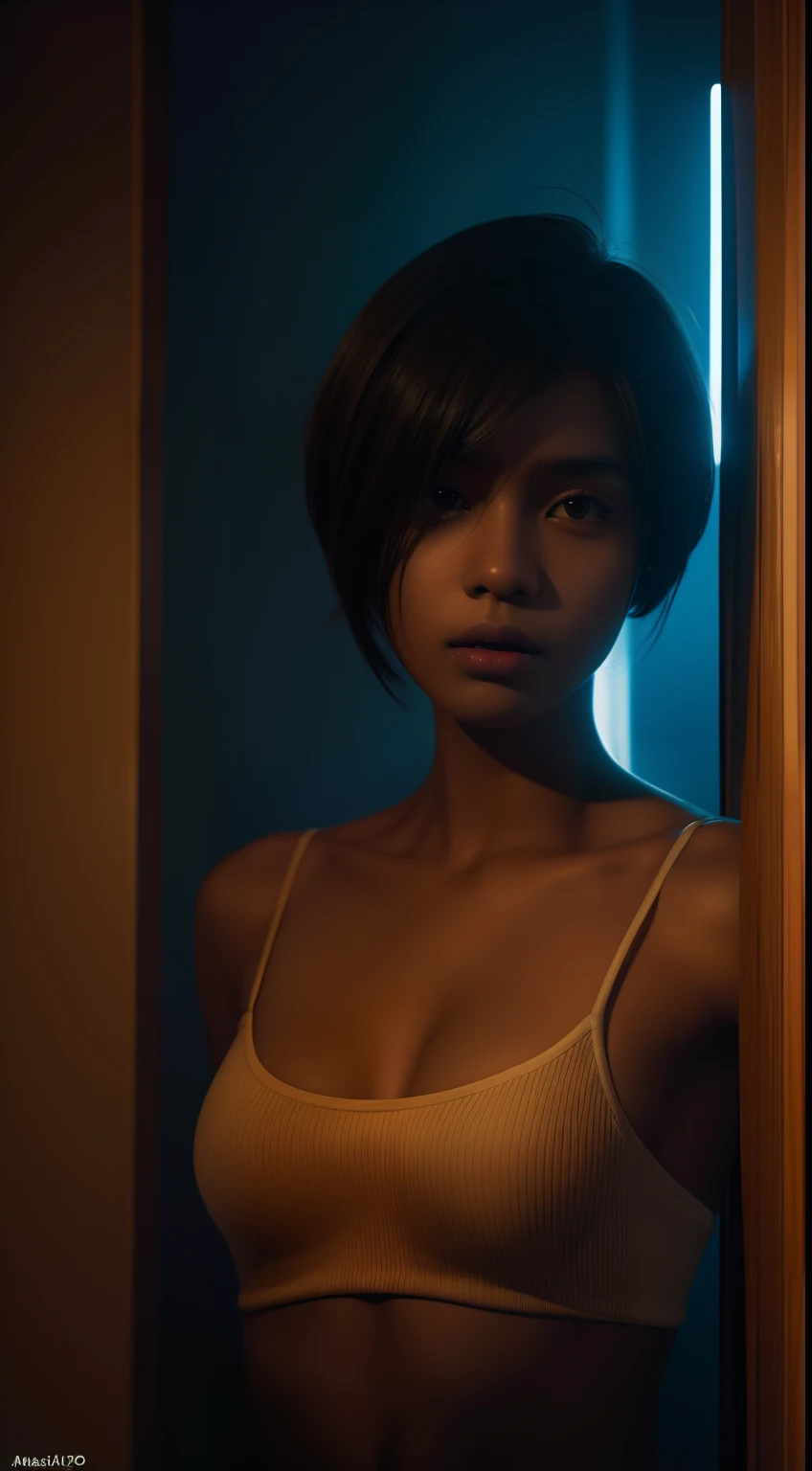 Dark-skinned tomboy girl with short haircut, illustratio：Studio Aoi and Masaaki Komori, ultra - detailed, Neon lights, Cinematic lighting, Matte painting, Illustration in oil painting style, trending on artstationh, Contemporary art, Surreal and dreamy atmosphere.