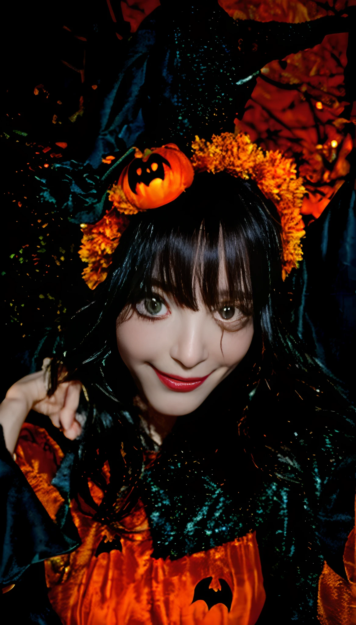 (best quality,highres),(realistic:1.37),(vivid colors),portrait,beautiful girl with pumpkin on head,painting style,hauntingly beautiful eyes,wavy dark hair,glowing Jack-o'-lantern on head,smiling expression,autumnal background,vibrant orange and black colors,soft lighting,nighttime scene,spooky atmosphere,witchy vibes,faint mist in the air,ethereal and magical feel,alluring and enchanting presence,captivating and mysterious,perfectly capturing the Halloween spirit