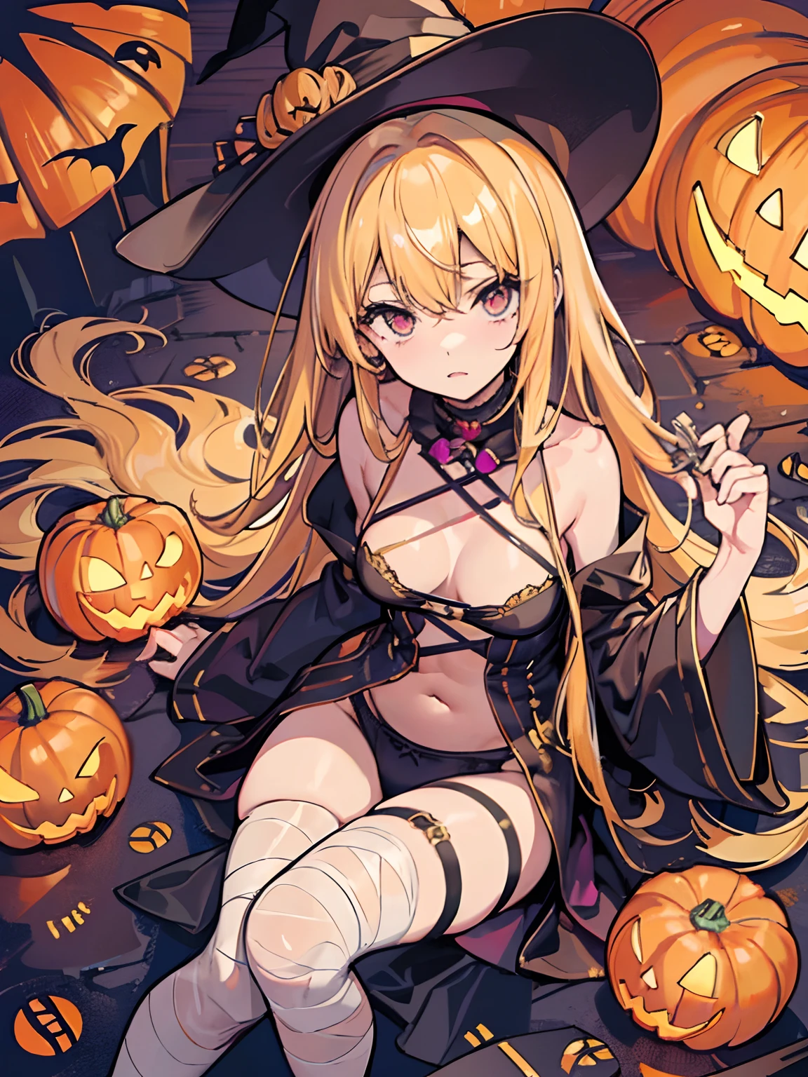 masutepiece, Fine detail, 4K, 8K, 12K, Solo, 1 person, Beautiful Girl, caucasian female, Marisa Drizzle, Golden hair, Long hair, Halloween, 🎃、Mummy Cosplay、Bandages all over the body