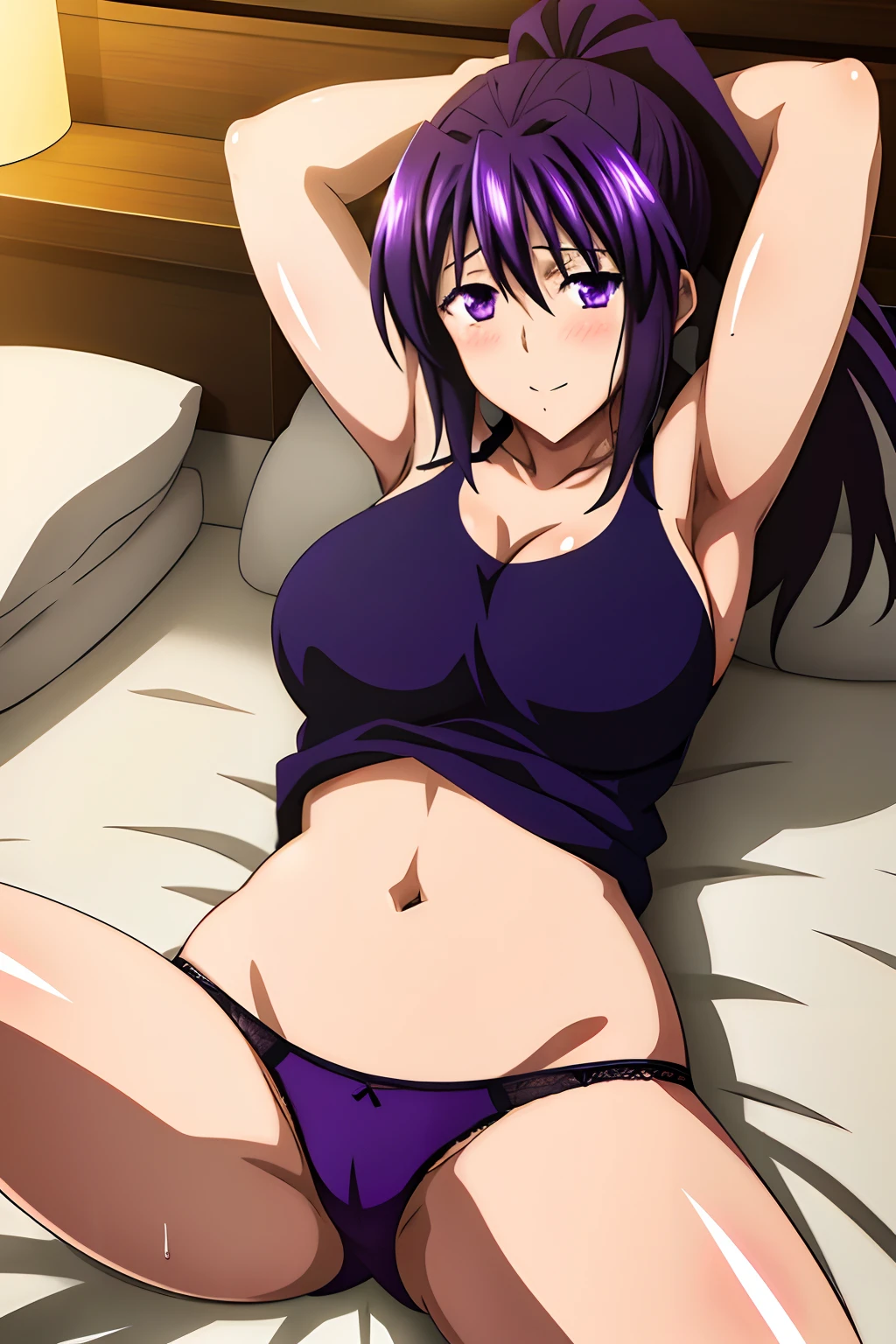 masterpiece, best quality, high quality, 1girl, solo, akeno himejima, purple hair and ponytail, purple eyes, tank top, underwear, large breasts, lying on stomach, navel, on bed, showing armpits,