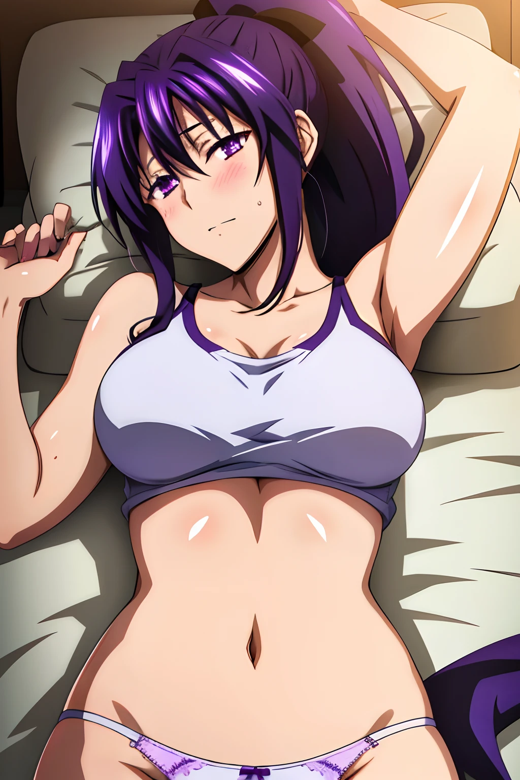 masterpiece, best quality, high quality, 1girl, solo, akeno himejima, purple hair and ponytail, purple eyes, tank top, underwear, large breasts, lying on stomach, navel, on bed, showing armpits,