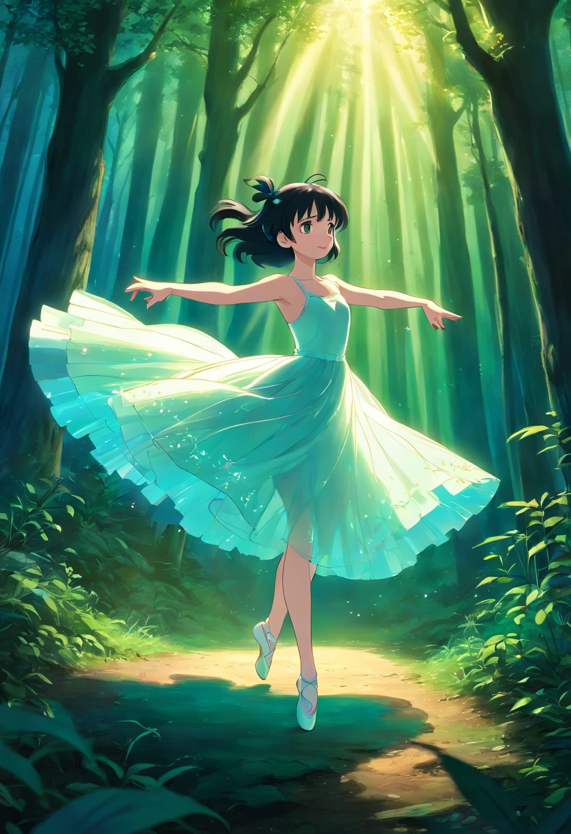 girl dynamically dancing in the forest, ballerina, translucent dress,white dress, black hair, blue-green light in the distance shines through the dress showing the contours of the body,flying lights next to the figure, background high dark forest,
dark purple background colors, background dark