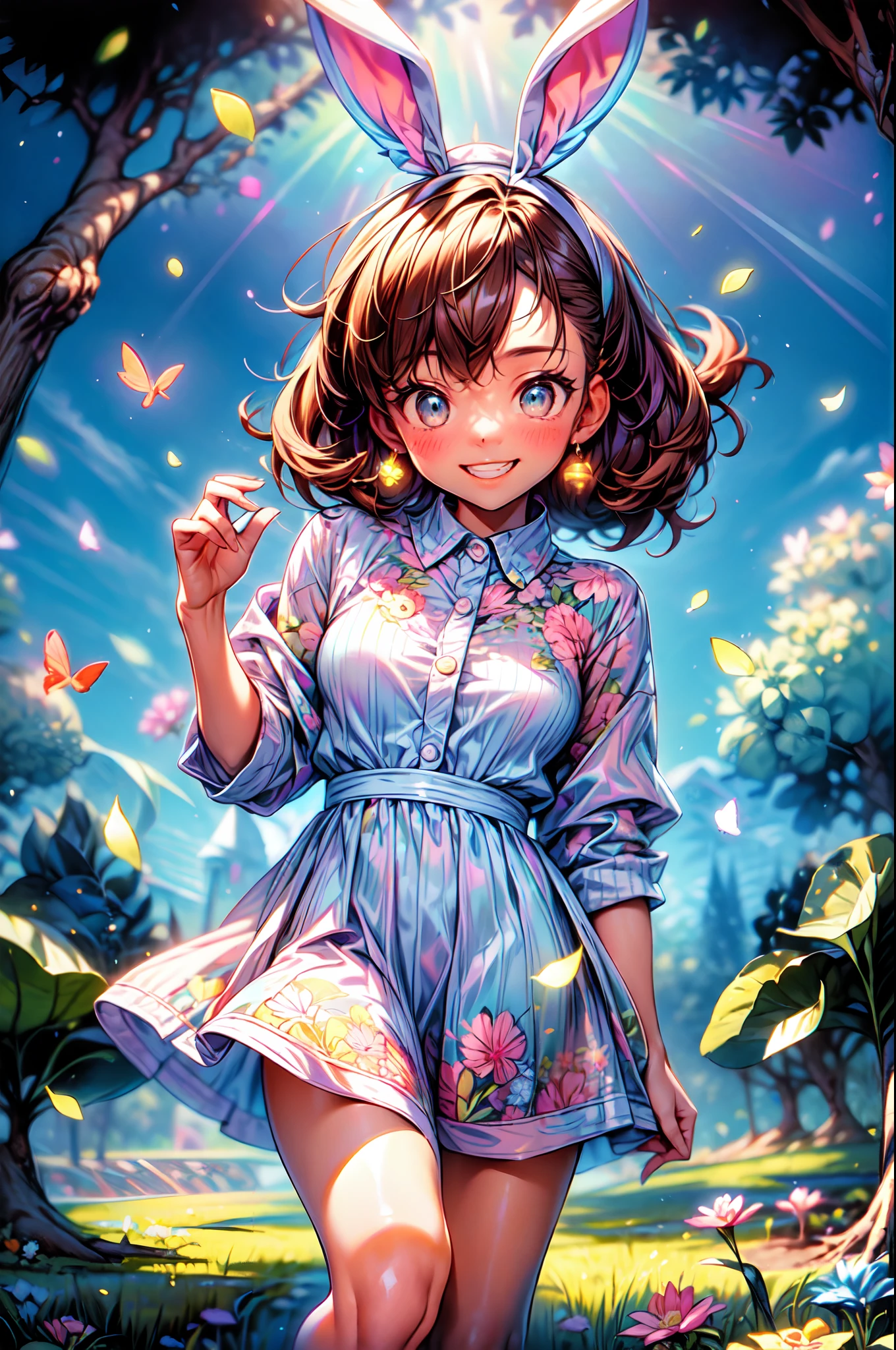 agregar_detalle:1,PsyAI, La mejor calidad, hermoso brillo detallado, ambient-occlusion, Luz ambiental, Reflejos trazados por rayos, Aura brillante, una feliz, A smiling 18-year-old brown-skinned girl running alongside a white rabbit across the prairie on a sunny day with the wind blowing, Short two-part dress with warm colored floral motifs and colorful flying flowers found throughout the meadow, muy colorido.