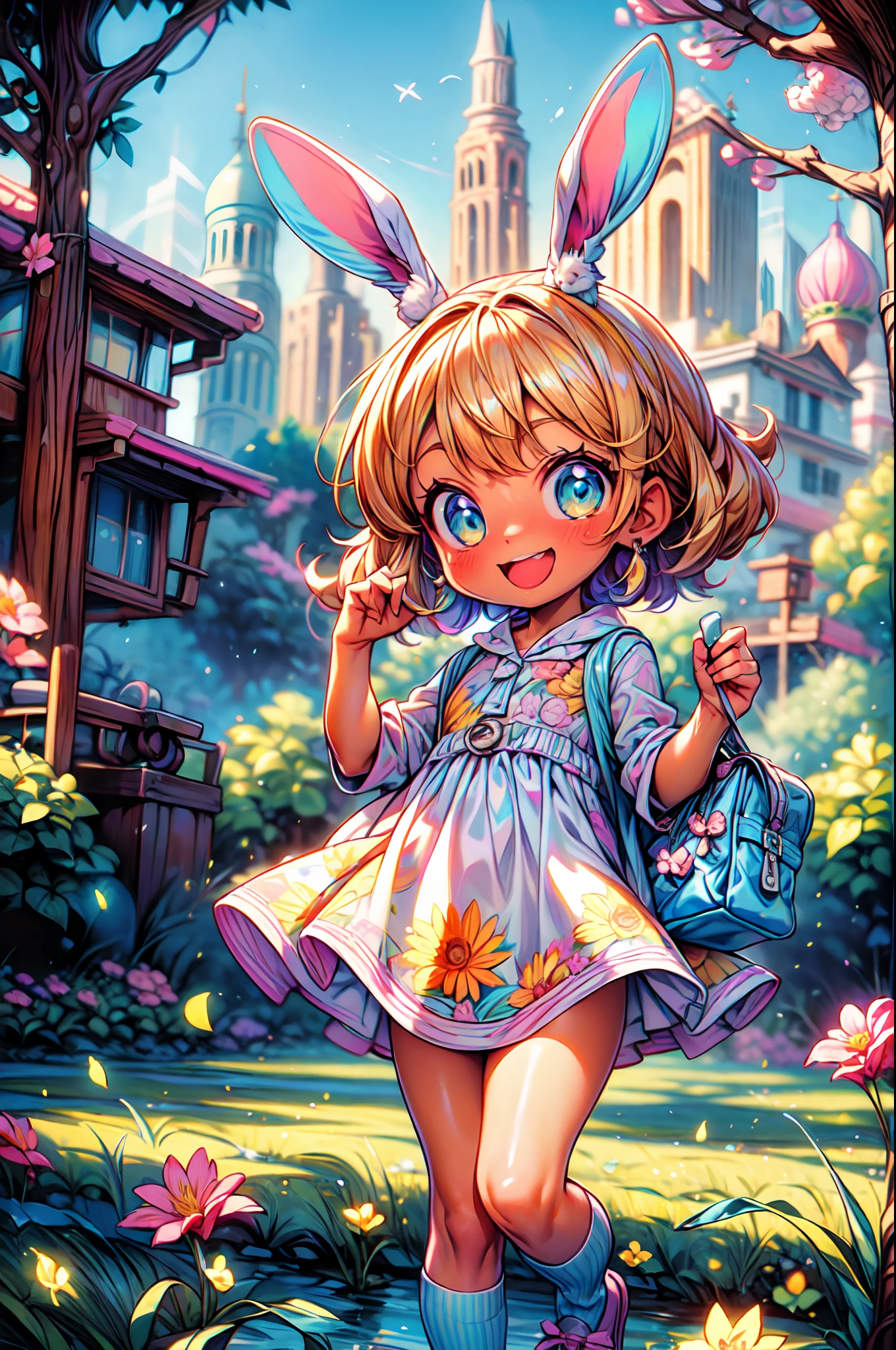 agregar_detalle:1,PsyAI, La mejor calidad, hermoso brillo detallado, ambient-occlusion, Luz ambiental, Reflejos trazados por rayos, Aura brillante, una feliz, A smiling 18-year-old brown-skinned girl running alongside a white rabbit across the prairie on a sunny day with the wind blowing, Short two-part dress with warm colored floral motifs and colorful flying flowers found throughout the meadow, muy colorido.