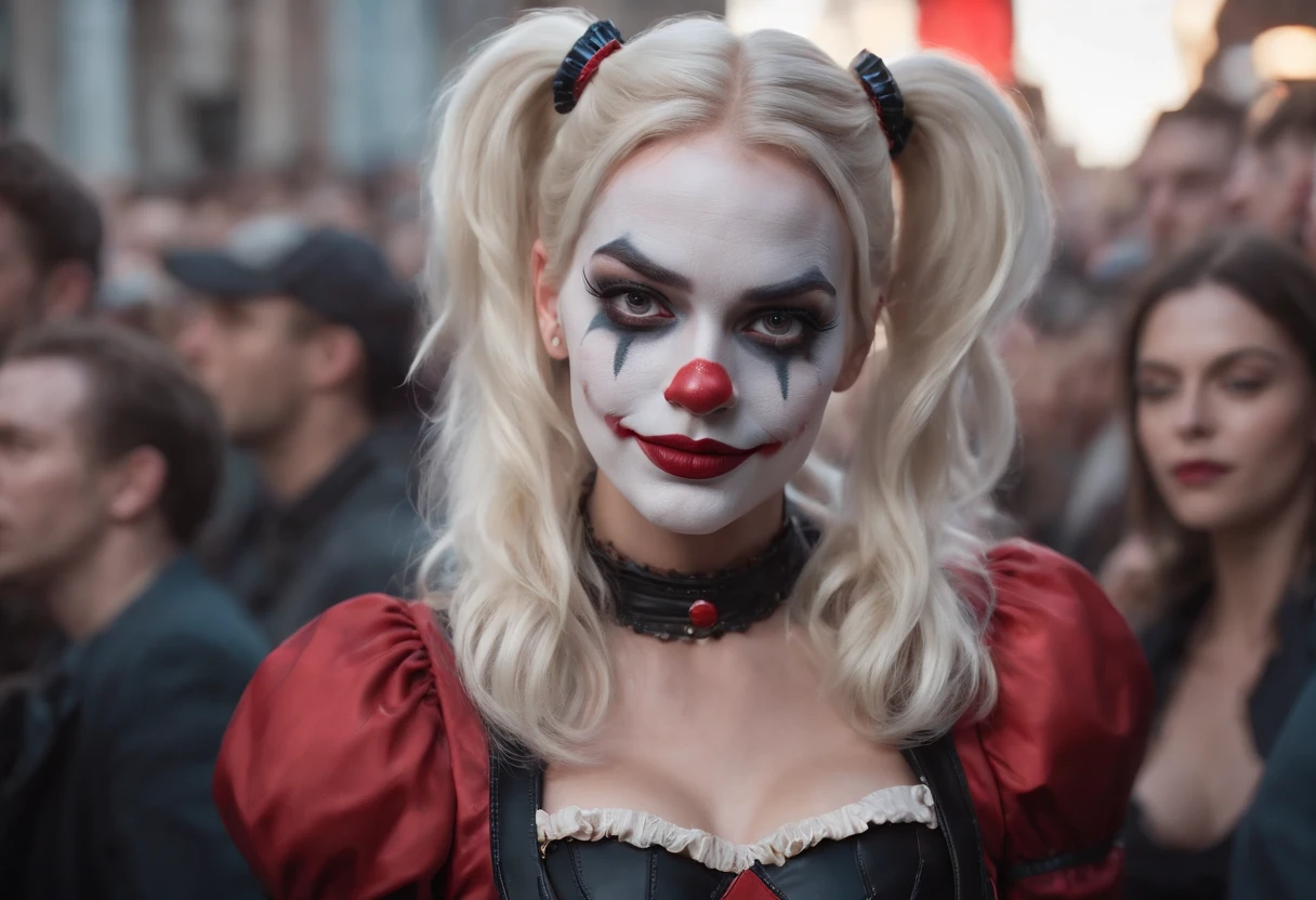 Portrait of Margot Robbie as a clown at a crowded party, Wearing a closed black and red clown suit, Harley Quinn Style, Her face is illuminated by neon lights, Looks like a Harley Quinn, purpleish color, He stands, Model shooting style (the Extremely Detailed CG Unity 8K Wallpapers), Full-frame photos of the most beautiful works of art in the world, Professional, Trending on ArtStation, Trending on CGSociety, Convoluted, Highly detailed, Clear focus, Dramatic, Photorealistic Painting by Midjourney and Greg Rutkowski