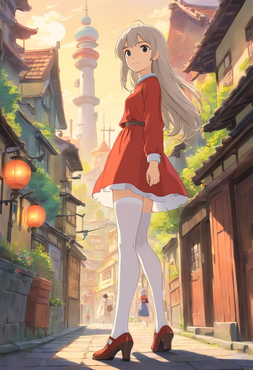 Masterpiece，Extremely tall maiden，A giantess，Huge maiden,Slender calves，Full limbs，Long-range shots,whaite hair，white stockings，Walk around the city，The calves are slender，fox ear，a white long skirt，Slender legs
