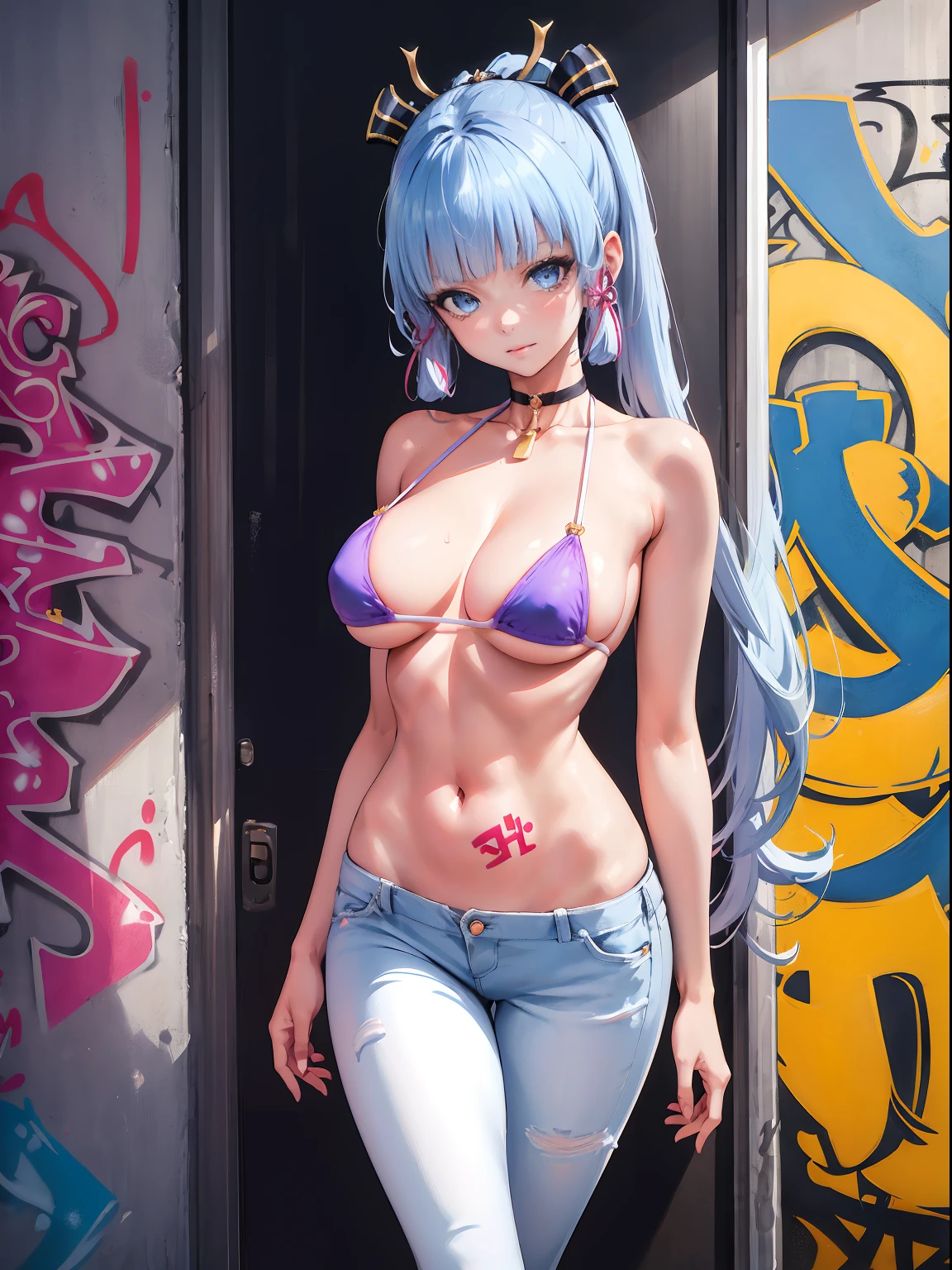 kamisato ayaka|genshin impact, master-piece, bestquality, 1girls,25 years old, proportional body, elongated legs, Beautiful, proportional., crop top, Long Jeans, mediuml breasts, ,bara, crop top, choker, (Graffiti:1.5), Splash with purple lightning pattern., arm behind back, against wall, View viewers from the front., Thigh strap, Head tilt, bored,(NSTDA.:1.2), (10, beste-Qualit, master-piece: 1.4), Beautiful red hair, ultra-high resolution, (lifelike, photorealistic portrait: 1.48), 20 age, Cute Girl, (See through the microcolor bikini beetle:1.48), Famous Japanese actors, beautiful clear eyes, Head tilt, cowboy shot, from the front, looking at the audience, expressionless, Beautiful lake, Zeiss 150mm F/ 2.8 Hasselblad, Whole body, foot, Ultra-Wide Angle,