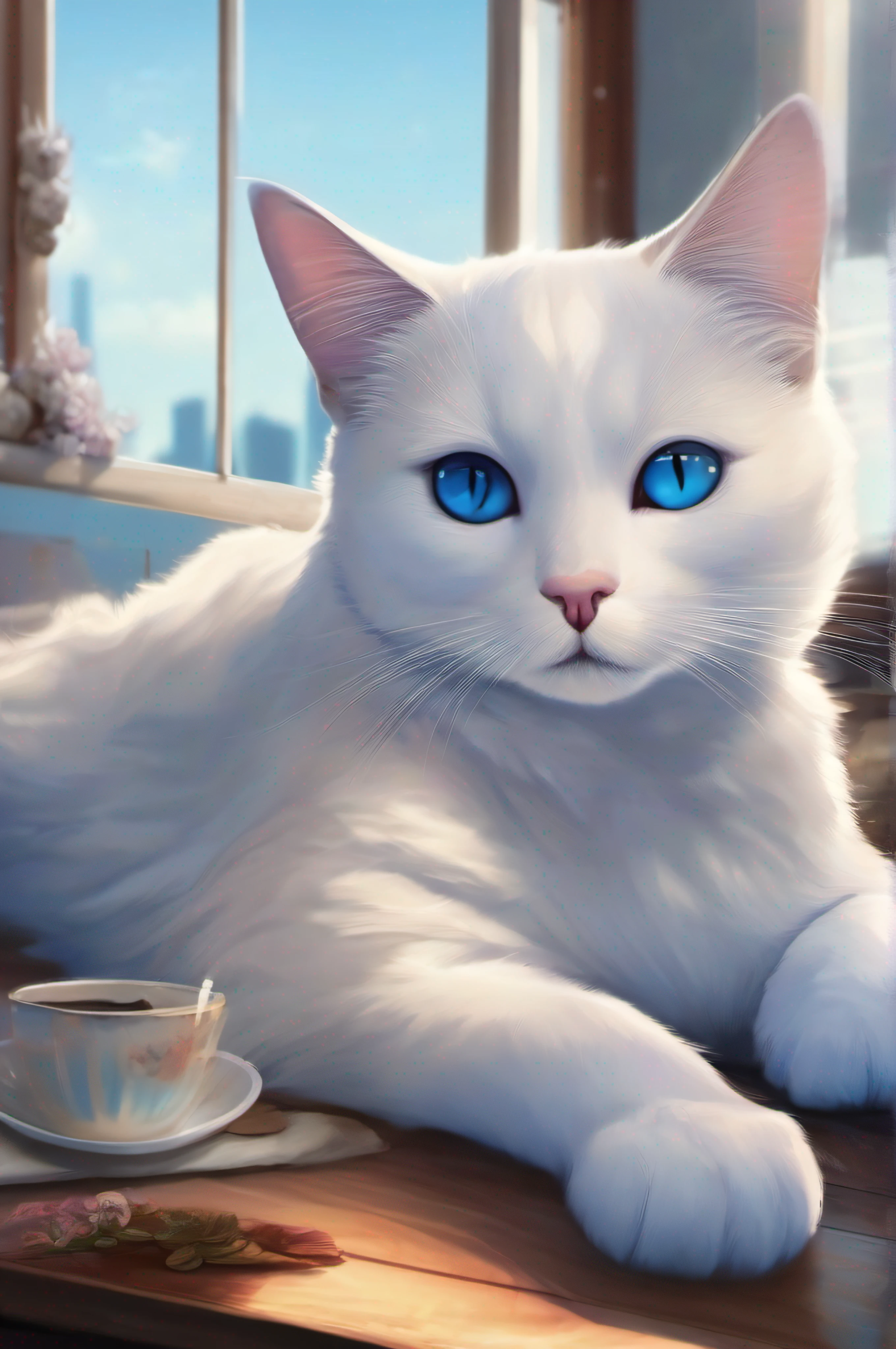 There is a cat with blue eyes, a cat, sleeping on the table. digital painting, cat illustration, anime cat, blue fur and blue eyes, cute cat anime visual, digital illustration style, no lines, cat woman with wit and breasts, cute cat, white cat, realistic anime cat, anthropomorphic female cat