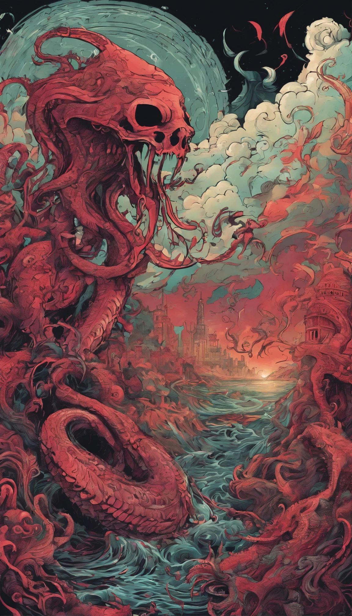 From the depths he emerges,
The Cthulhu's Parade in crimson hues.
Whispers of the otherworldly echo,
A festival where madness and beauty fuse.

In the night sky adorned with abyssal splendor,
Feathers stained with blood dance and soar.
Entwined by threads of fate,
The deranged revel in ecstasy's roar.

Oh mighty Cthulhu, ruler of the depths,
In our pursuit of desires so forlorn,
We embark on a path of madness and despair,
Guided by the disciples of the one we adorn.

On the grand boulevard, grotesque forms stride,
Where terror and beauty intertwine.
In the realm betwixt dreams and nightmares,
We surrender ourselves to euphoria's shrine.

Praise his name, the great Cthulhu,
Monarch of the abyss, the wellspring of our insanity.
In this eternal procession's stage,
We celebrate the coming of the world's calamity.