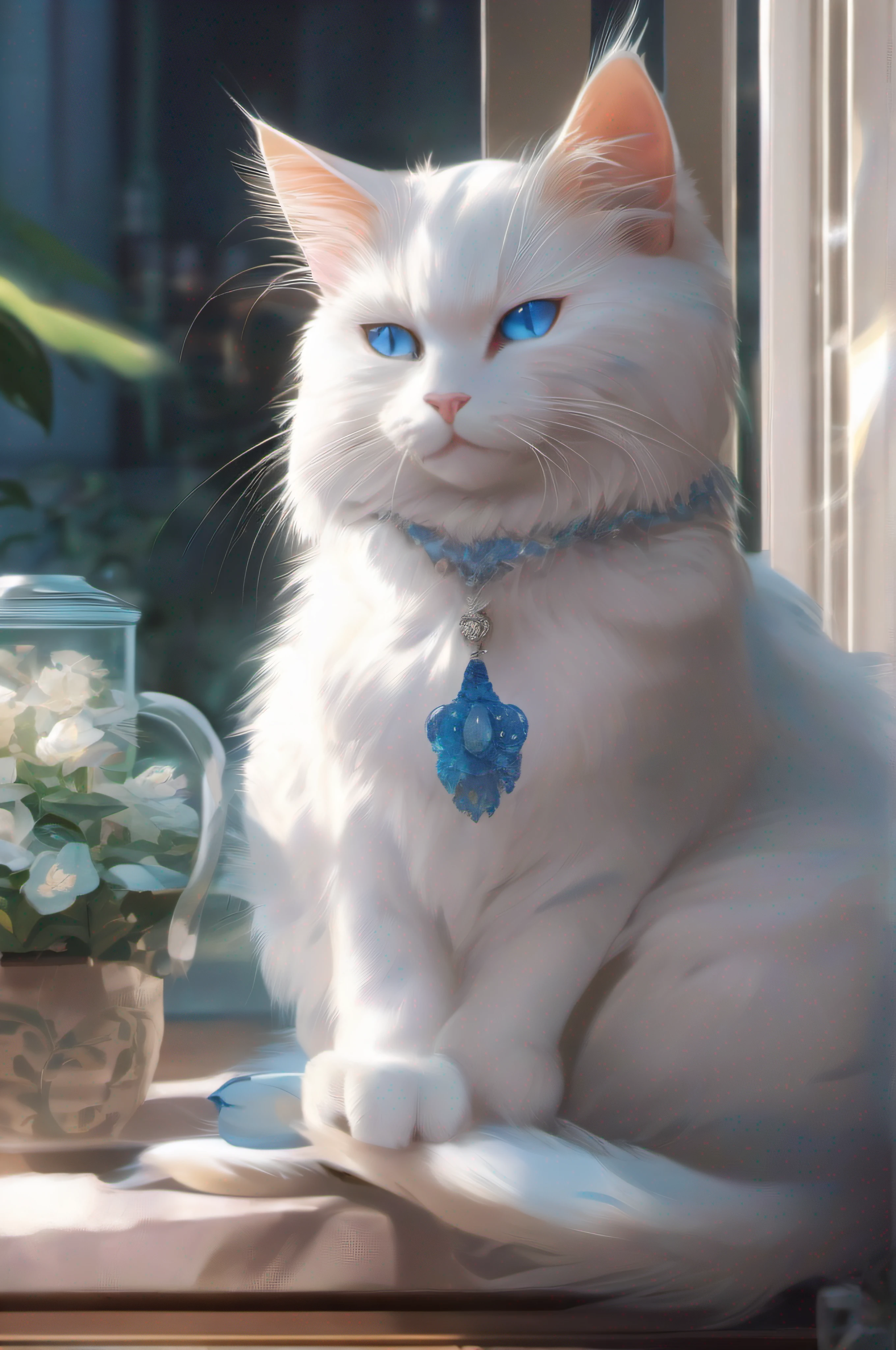 There is a cat with blue eyes, a cat, sleeping on the table. digital painting, cat illustration, anime cat, blue fur and blue eyes, cute cat anime visual, digital illustration style, no lines, cat woman with wit and breasts, cute cat, white cat, realistic anime cat, anthropomorphic female cat