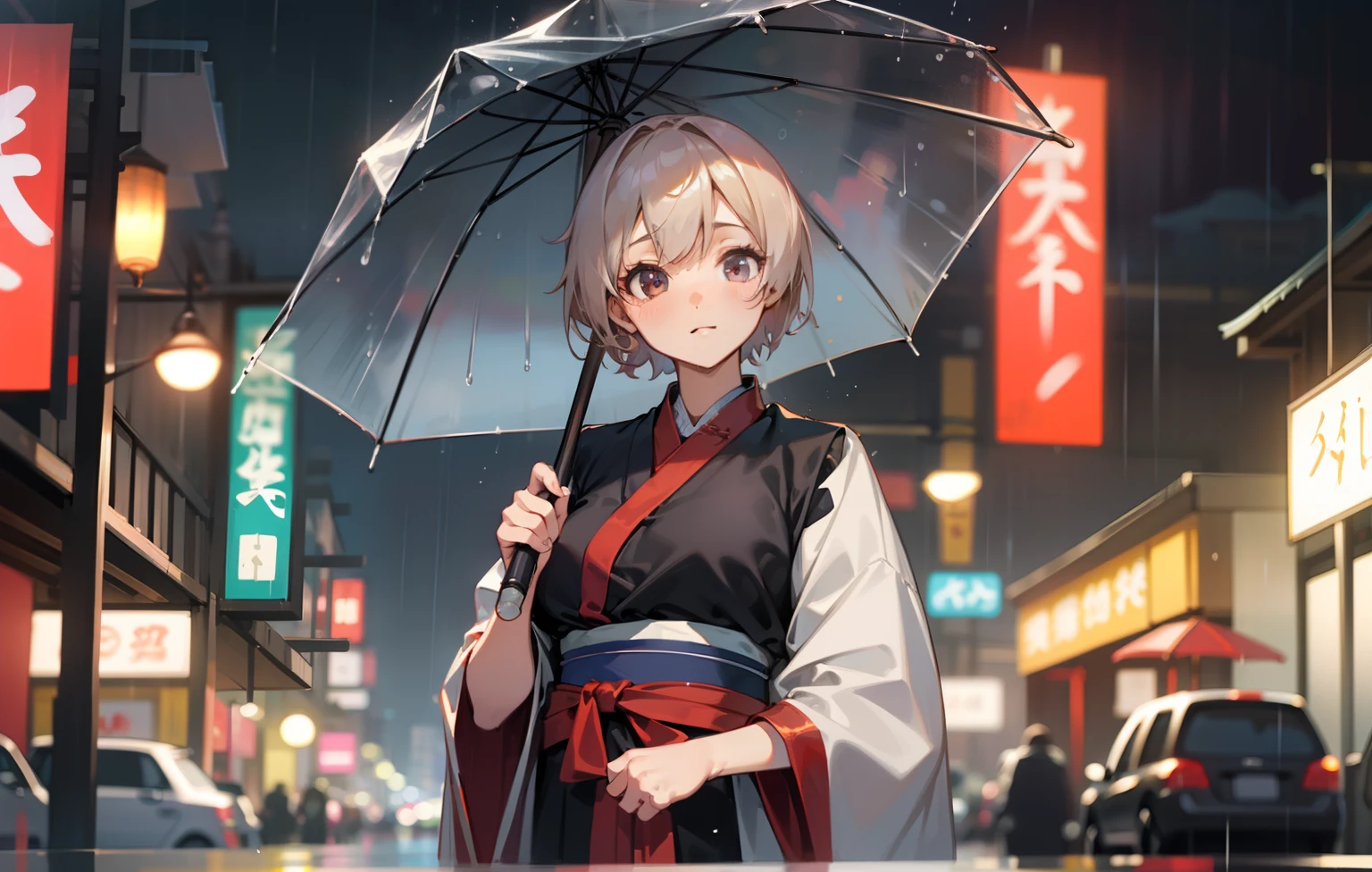 masutepiece, Best Quality, High quality, High Definition CG Unified Wallpaper 8K, Girl's short hair black, Wearing cool black hanfu costume, Cute, Standing Fairy Satin Chinese Style, rainy, Bokeh on rainy days, The surrounding cityscape, With depth,Colossal tits