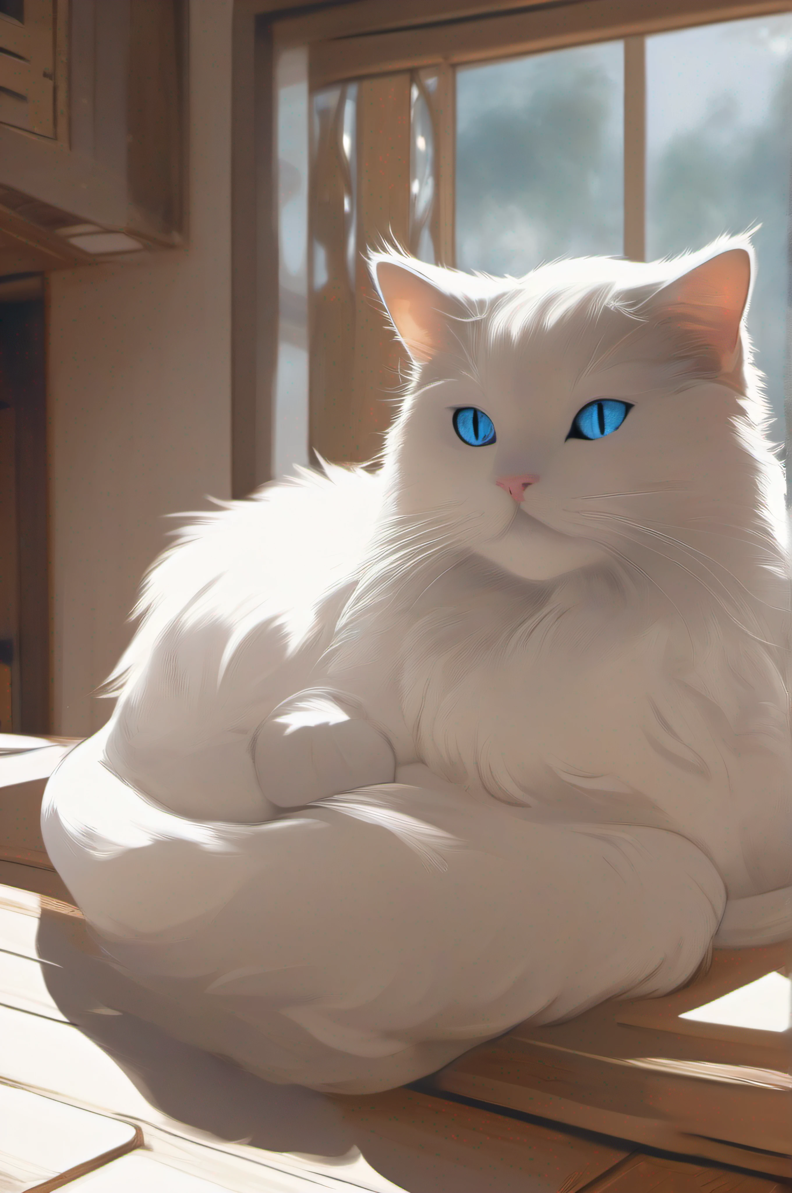 Blue-eyed cat sleeping on table,there is a cat on it,Digital Painting,illustration of a cat on it,Anime Cats,white fur and blue eyes,anime visual of a cute cat,Digital illustration style,No line,a cute little cat,White cat,realistic anime cat,anthropomorphic female cat,(cat,sepia,full body–v,4–s750)