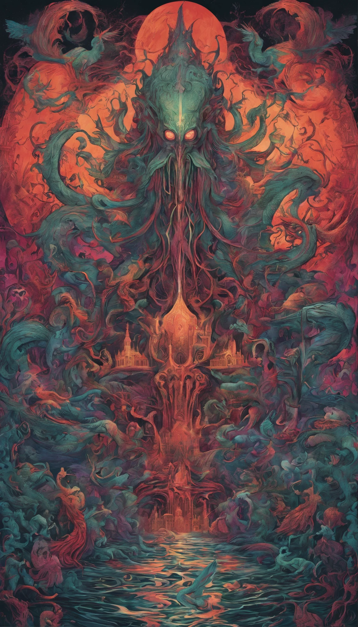 From the depths he emerges,
The Cthulhu's Parade in crimson hues.
Whispers of the otherworldly echo,
A festival where madness and beauty fuse.
In the night sky adorned with abyssal splendor,
Feathers stained with blood dance and soar.
Entwined by threads of fate,
The deranged revel in ecstasy's roar.
Oh mighty Cthulhu, ruler of the depths,
In our pursuit of desires so forlorn,
We embark on a path of madness and despair,
Guided by the disciples of the one we adorn.
On the grand boulevard, grotesque forms stride,
Where terror and beauty intertwine.
In the realm betwixt dreams and nightmares,
We surrender ourselves to euphoria's shrine.
Praise his name, the great Cthulhu,
Monarch of the abyss, the wellspring of our insanity.
In this eternal procession's stage,
We celebrate the coming of the world's calamity.