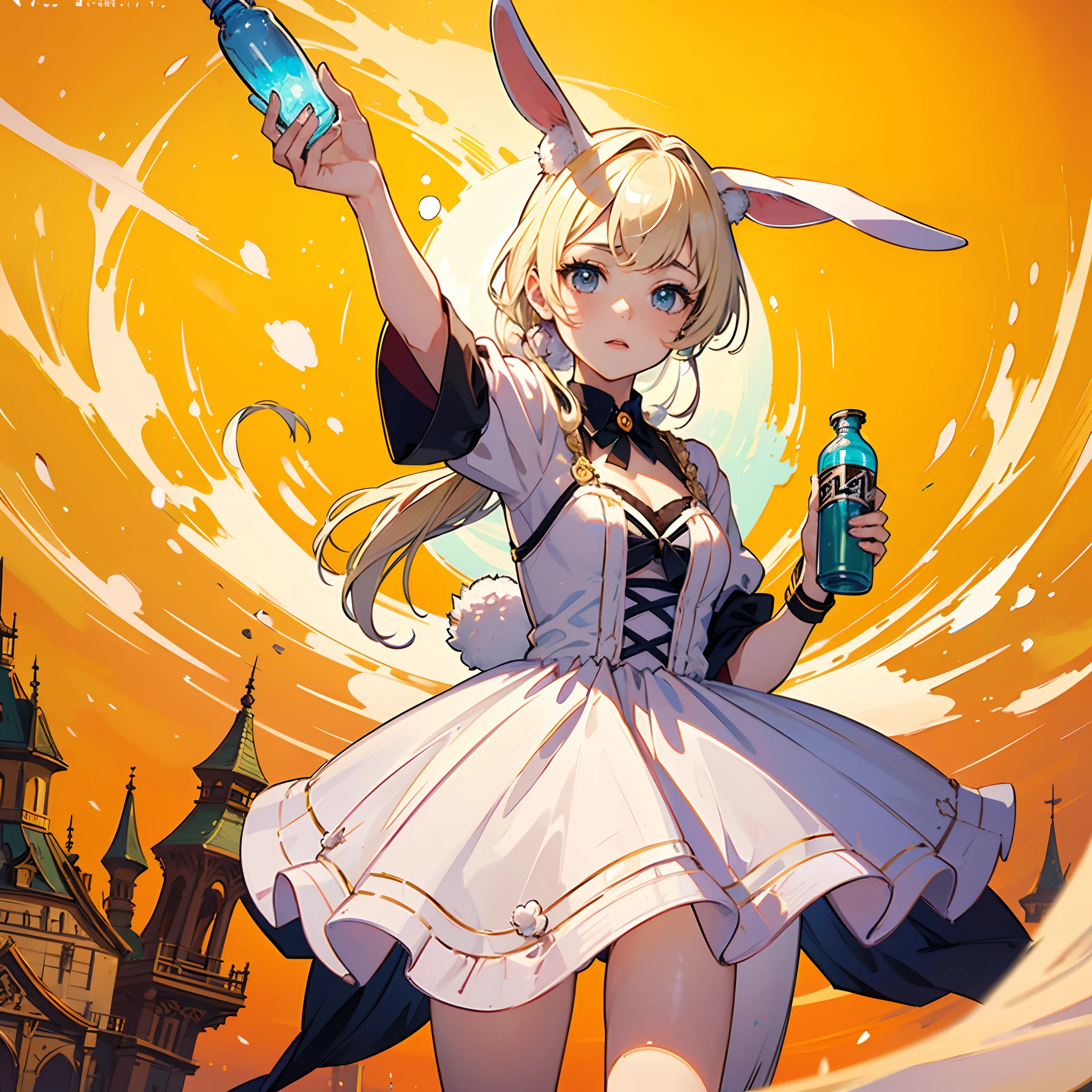 ((a 18 year old girl))、((Rabbit ears))、((Rabbit tail))、((Holding a magic bottle))、((Princess Costume))、Princess Costume、Tindall Effect, glow effect, In the style of anime art, 𝓡𝓸𝓶𝓪𝓷𝓽𝓲𝓬、meticulous, Realistic Pop Music, neo-fauvism, order, 8K、Cute castle background、A lot of rabbits