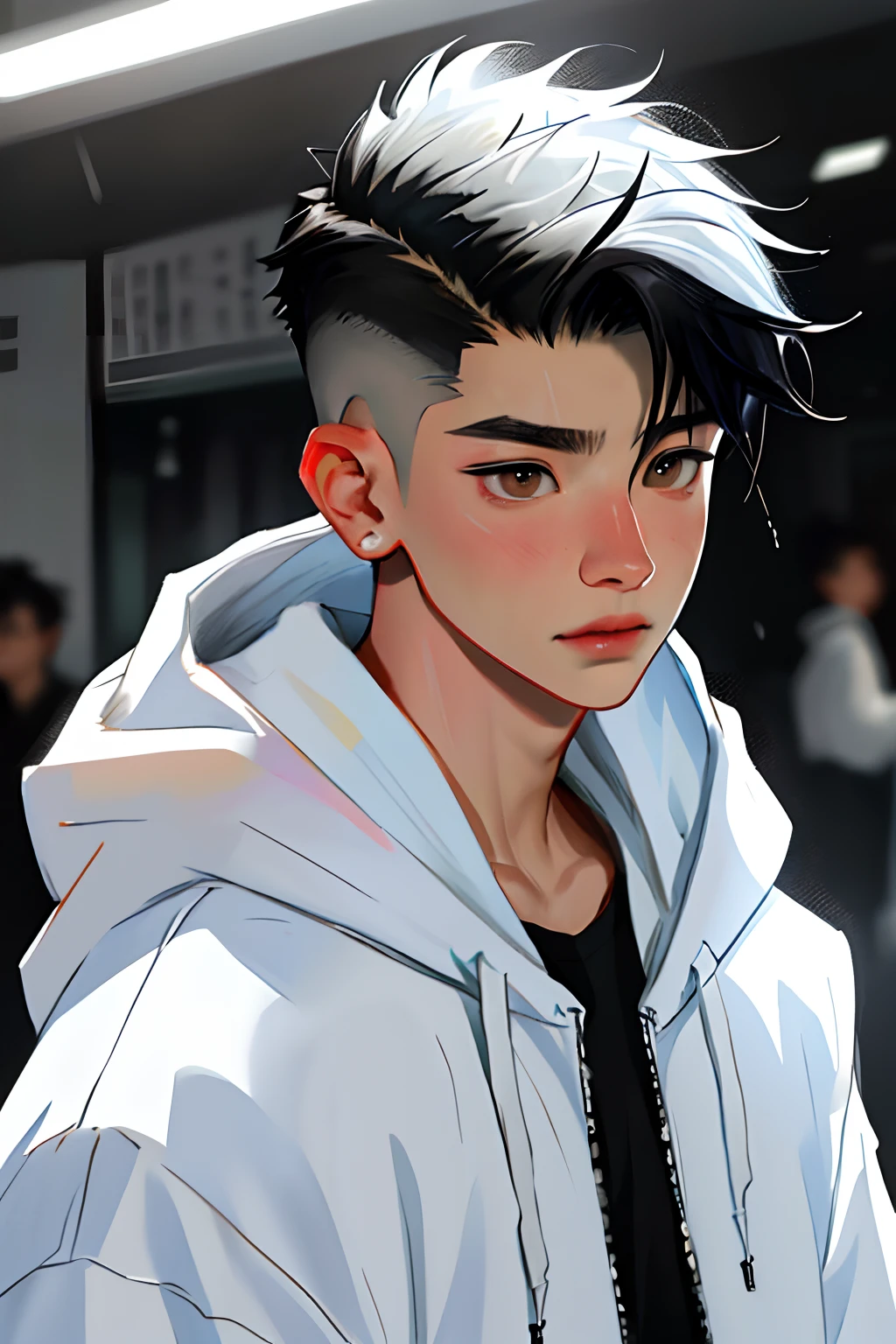 masterpiece, best quality, higher, 1boy, solo, looks jungkook, , white streaked hair, black hair , undercut , white hoodie