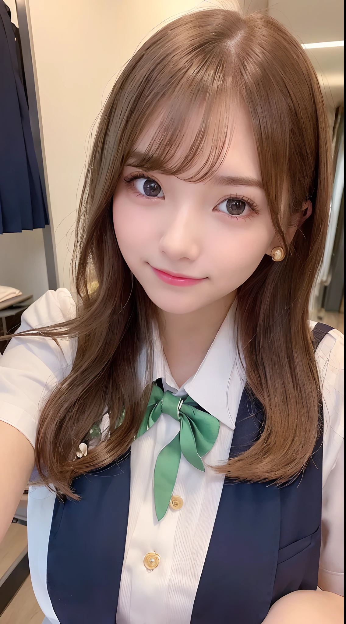 (from the front side),(Face:1.3),(Eye focus:1.4),(close up:1.3),(wide eyes:1.3),Attractive eyes,Eyelashes,Round eyes,jewelry eyes,Twinkle Eyes,slanted eye, eyesight, long eyelashes, Eye Highlights,(Smile with open mouth),look at viewr,Light transparency, Diffraction of light, Best Quality, masutepiece, High quality, High resolution, Detailed, (1womanl), (high-school uniform:1.5), Beautiful face, Full face blush:1.3, Beautiful eyes, (Raspberry Gold Hair), (Very long hair), (18year old,) (ample breasts:1.2), (A smile:1.2),perfect fingers in perfect hands,((A smile:1.2))