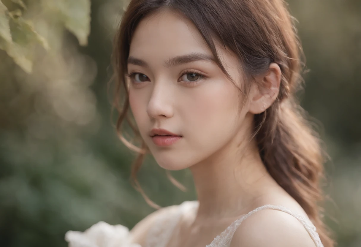 Film Portrait Photography, 1girl in, Female Japan 18 years old、Bare shoulders, Wavy shoulder-length hair, Serene, Calm, (Realistic detailed eyes, Natural Skin Texture, Realistic face details), Soft dramatic lighting, depth of fields, Bokeh, vibrant detail, Finely detailed, hyper realisitic, 35mm Film, Hazy blur, filmg,