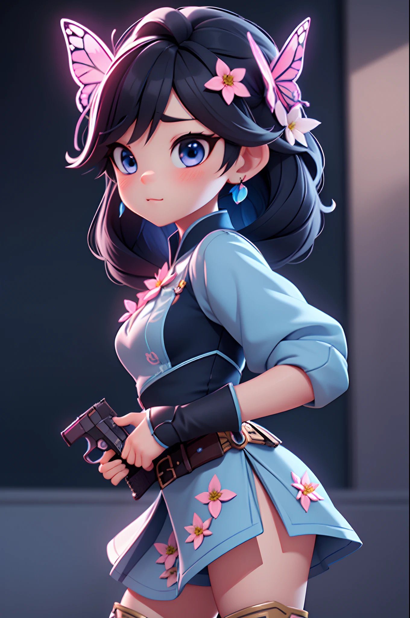 Octane Render、(Hyper-detailing: 1.15)、cinematic lightening、Taken from the side、Cute Fantasy Princess、Handgun shooting practice、Fine Pattern Pistol,long boots、ultradetailed eyes、Full Paint、(Floral hair ornament、butterfly hair ornament)、masutepiece、Anatomically correct、blur、depth of fields