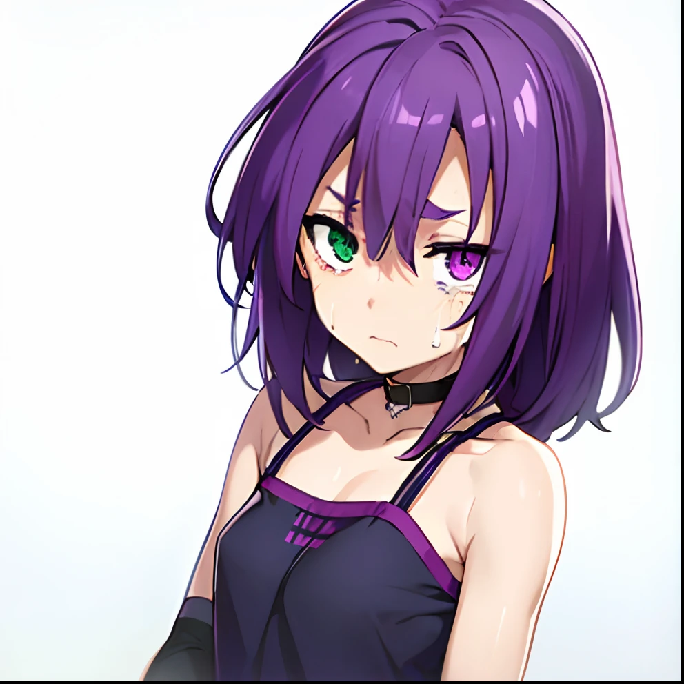 best qualtiy,tmasterpiece, High quality, solo, purple hair, length hair, hairpin, heterochromia, green eyes, purple eyes, reo mikage, bluelock, Bare shoulders, no sleeves, camisole, blue clothes, chinese clothes, choker, arm warmers, bandages, scar, tears, crying face, big breasts