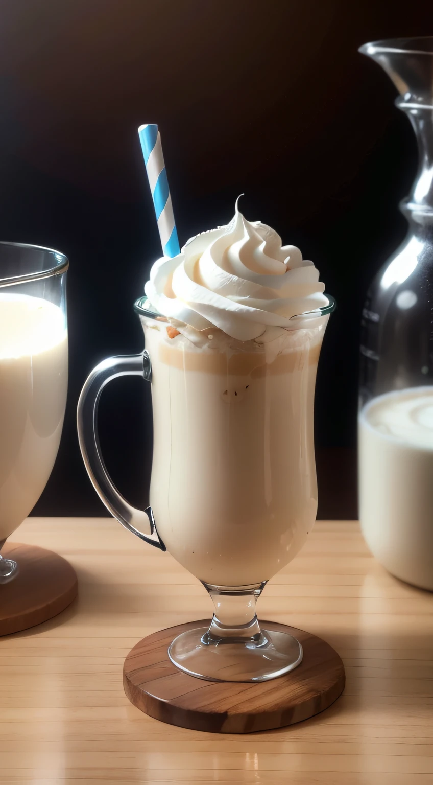 a cup of milk tea with whipped cream on top, simple glass, centered, product showcase, high-level image quality, ultra-detailed, vanilla, milkshake, whipped cream, (8k) (HDR) (cinematic lighting) (sharp focus)