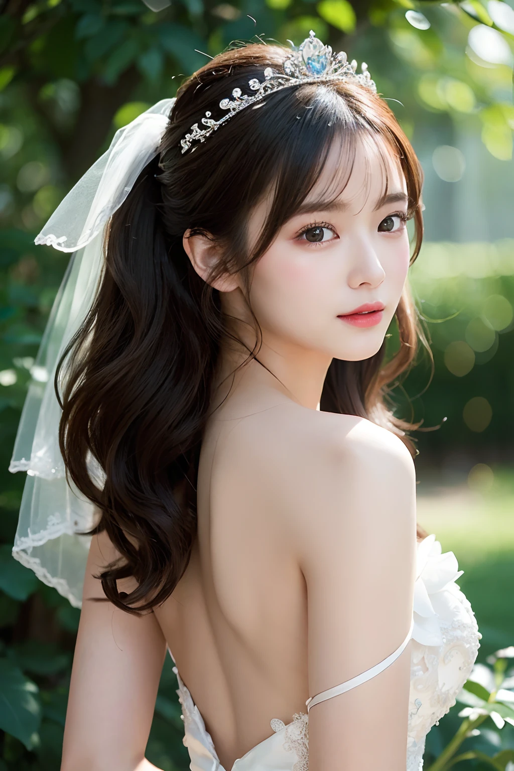 (extremely delicate and beautiful work)、(masterpiece)、Very detailed princess wedding dresses、Bridal tiara、Bridal Veil、poneyTail、A charming expression、Beautiful and clear eyes、Simple blurry background、Mare、Ultra-fine painting、delicated face、Delicate figure、thin clavicle、Beautiful lips、Soft back view、(8K、Raw photography、top-quality、masterpiece:1.2), (reallistic, Photorealsitic:1.37)、Cute、Professional Lighting, Photon mapping, Radio City, physically-based renderingt, upper body