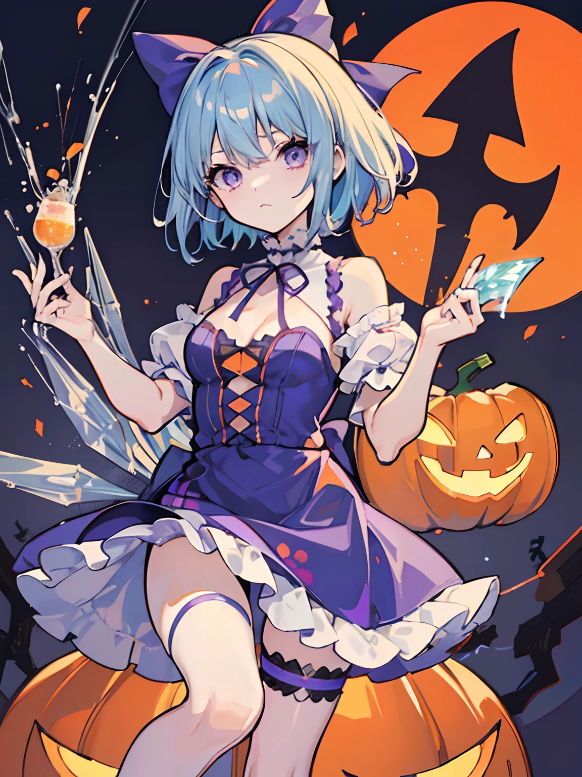 masutepiece, Fine detail, 4K, 8K, 12K, Solo, 1 person, Beautiful Girl, caucasian female, Cirno, Light blue hair, short-hair, Halloween, 🎃、Black Dress、Purple and orange clothes、nurse's outfit