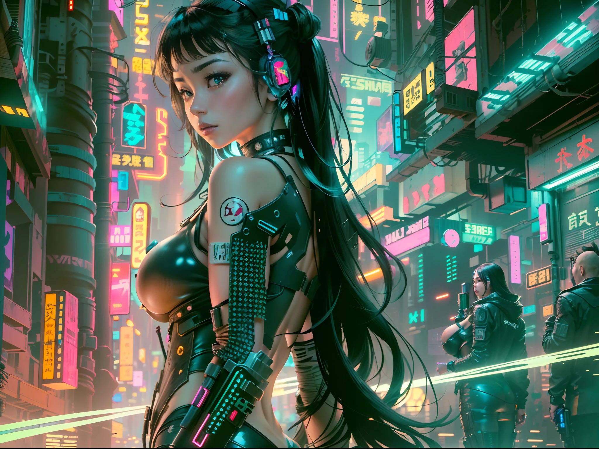 (Beautiful Asian identical twin cyberpunk girls in middle of composition:1.3), (((ultra detailed neon cyberpunk futuristic city ))), black long shapeless hair, detailed and intricate (((cyberpunk city streets background))), featuring high-tech holographic projections and sleek architecture, art by (((Syd Mead, Masamune Shirow))), highly detailed photo realistic, god rays, ultra sharp focus, ultra high quality, vibrant, (big breasts:1.7), shiny latex is black, latex stockings, long hair, (shiny skin:1.4), shiny lips, (symmetrical detailed face:1.7), toned, sexy, masterpiece, (cinematic lightin)g.