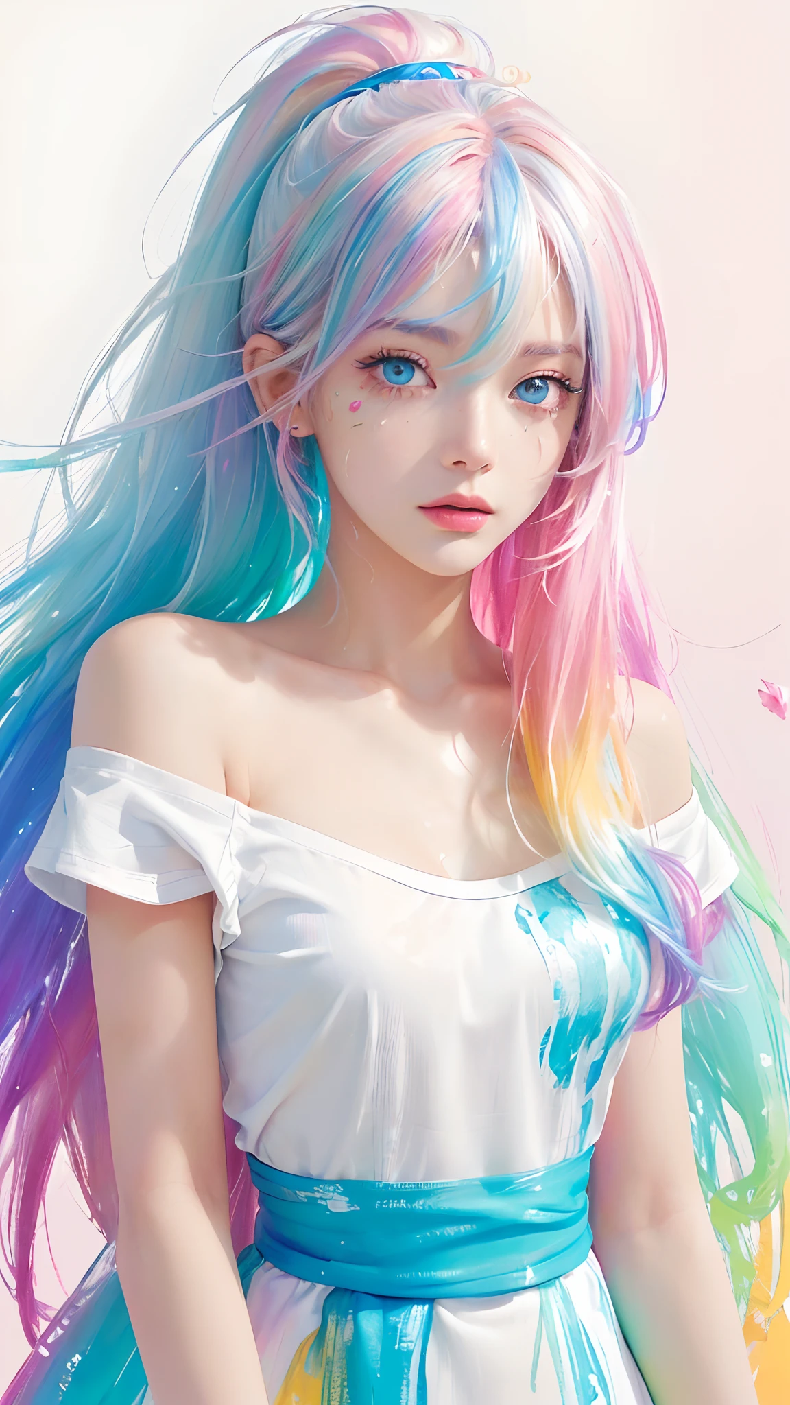 （Pink Fashion T-shirt：1.9），(Colorful hair: 1.8), (all the colours of the rainbow: 1.8),(((((vertical painting：1.6))), （painting：1.6），front, comics, illustrations, paintings, large eyes, crystal clear eyes,（ rainbow color gradient high ponytail：1.7）, exquisite makeup, closed mouth,(Small Fresh: 1.5),(Wipe Chest: 1.6) ，long eyelashes, white off shoulder T-shirt,  White Shoulder Shirt，looking at the audience, large watery eyes, (rainbow colored hair：1.6), color splash, （solo：1.8）, color splash, color explosion, thick paint style, messy lines, ((shining))，(colorful), (colorful), (colorful), colorful, Thick Paint Style, (Splash) (Color Splash), Vertical Painting, Upper Body, Paint Splash, Acrylic Pigment, Gradient, Paint, Highest Image Quality, Highest Quality, Masterpiece, Solo, Depth of Field, Face Paint,  colorful clothes, (Elegant: 1.2), gorgeous,long hair, wind, (Elegant: 1.3), (Petals: 1.4)，(((masterpiece))),(((best quality))),((ultra-detailed)),(illustration),(dynamic angle),((floating)),(paint),((disheveled hair)),(solo),(1girl) , (((detailed anima face))),((beautiful detailed face)),collar,bare shoulders,white hair, ((colorful hair)),((streaked hair)),beautiful detailed eyes,(Gradient color eyes),(((colorful eyes))),(((colorful background))),(((high saturation))),(((surrounded by colorful splashes))),all bodies, same colored back  grounds, Make the background bigger than the face, Mainly in the background, the face is small, I want the person to be on the right or left, angel image, Goddess, Goddess,sexy,soft,,fantastic,sparkling , The person is on the edge