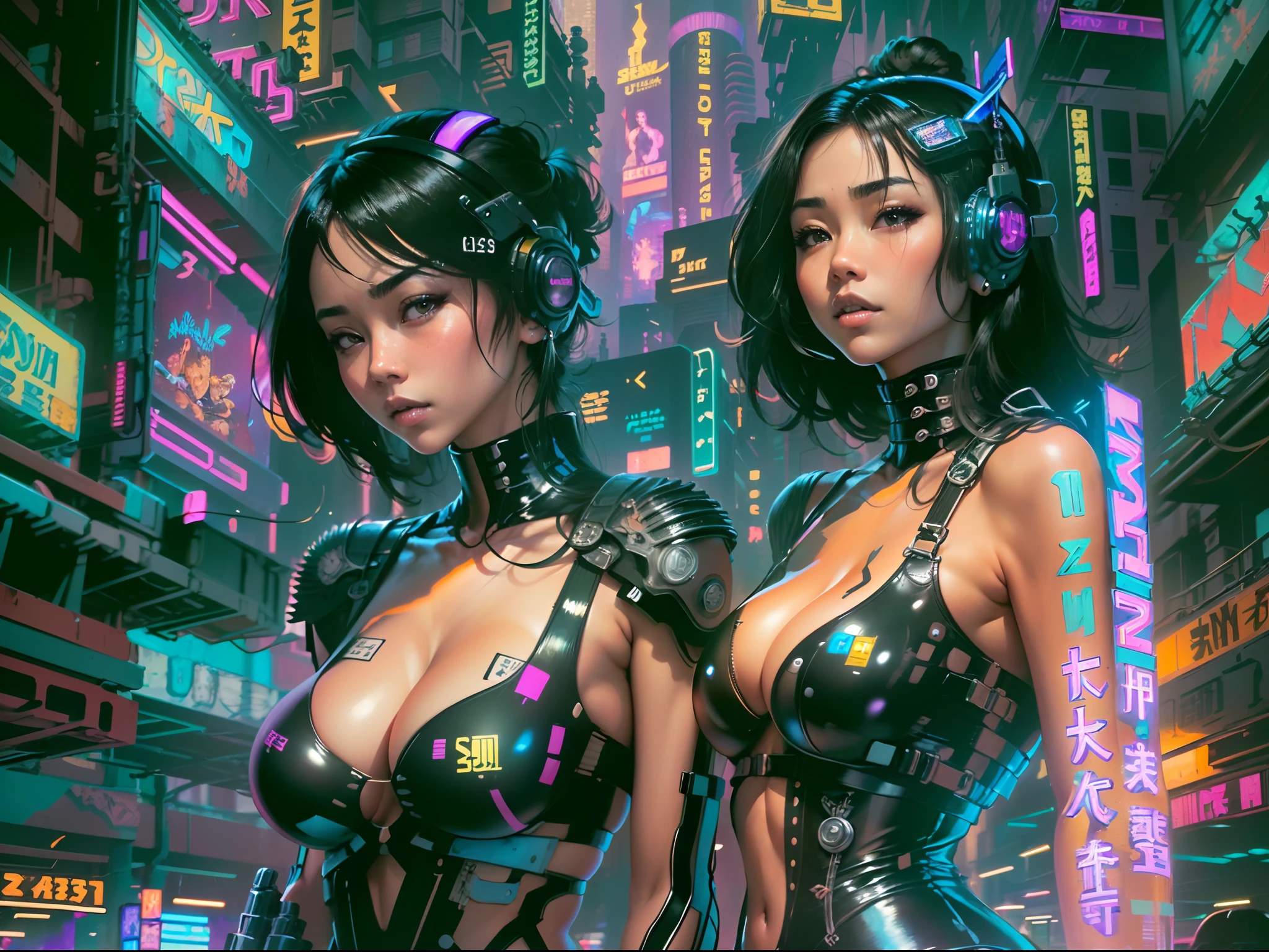 (Beautiful Asian identical twin cyberpunk girls in middle of composition:1.3), (((ultra detailed neon cyberpunk futuristic city ))), black long shapeless hair, detailed and intricate (((cyberpunk city streets background))), featuring high-tech holographic projections and sleek architecture, art by (((Syd Mead, Masamune Shirow))), highly detailed photo realistic, god rays, ultra sharp focus, ultra high quality, vibrant, (big breasts:1.7), shiny latex is black, latex stockings, long hair, (shiny skin:1.4), shiny lips, (symmetrical detailed face:1.7), toned, sexy, masterpiece, (cinematic lightin)g.