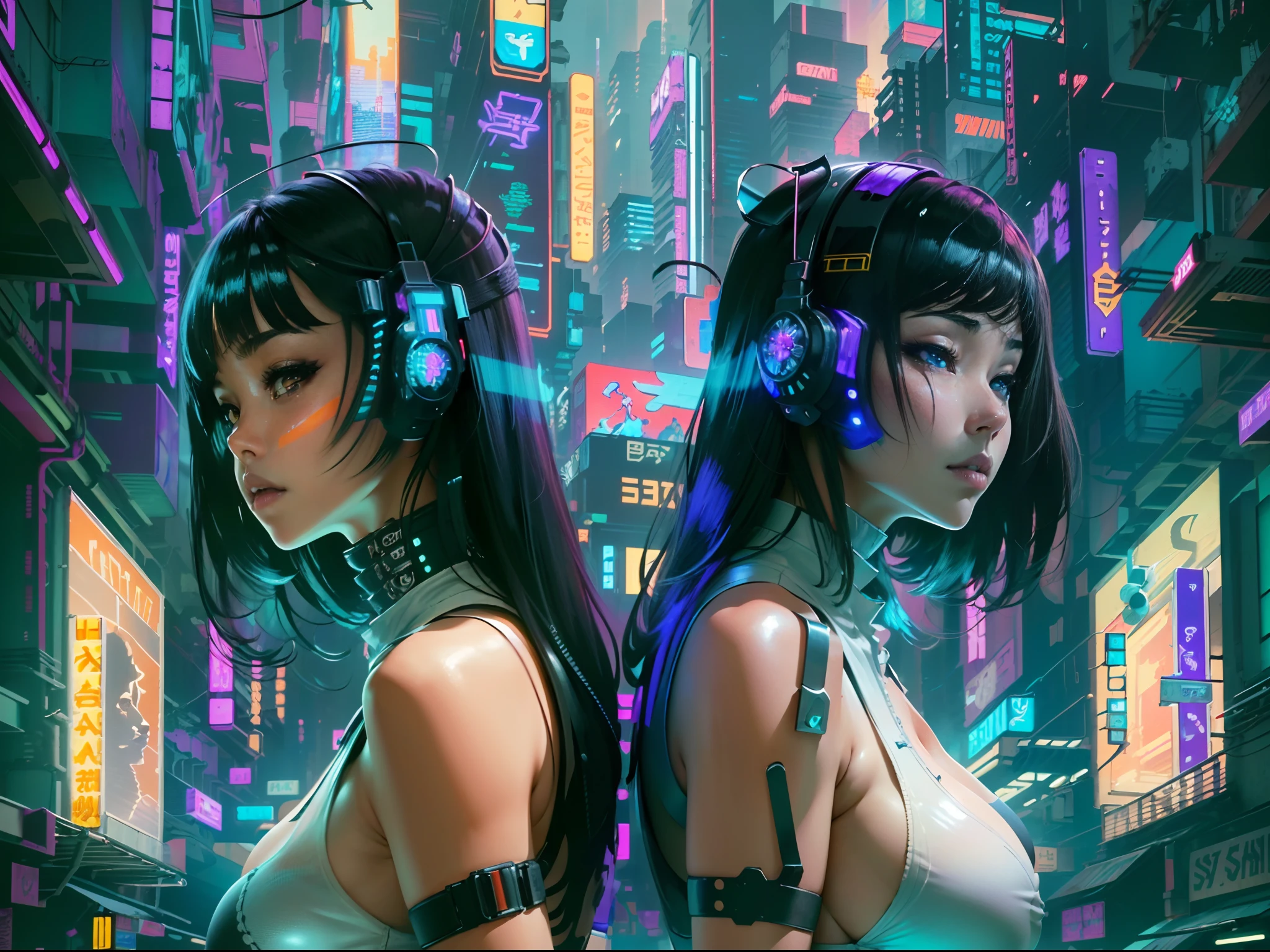 (Beautiful Asian identical twin cyberpunk girls in middle of composition:1.3), (((ultra detailed neon cyberpunk futuristic city ))), black long shapeless hair, detailed and intricate (((cyberpunk city streets background))), featuring high-tech holographic projections and sleek architecture, art by (((Syd Mead, Masamune Shirow))), highly detailed photo realistic, god rays, ultra sharp focus, ultra high quality, vibrant, (big breasts:1.7), shiny latex is black, latex stockings, long hair, (shiny skin:1.4), shiny lips, (symmetrical detailed face:1.7), toned, sexy, masterpiece, (cinematic lightin)g.