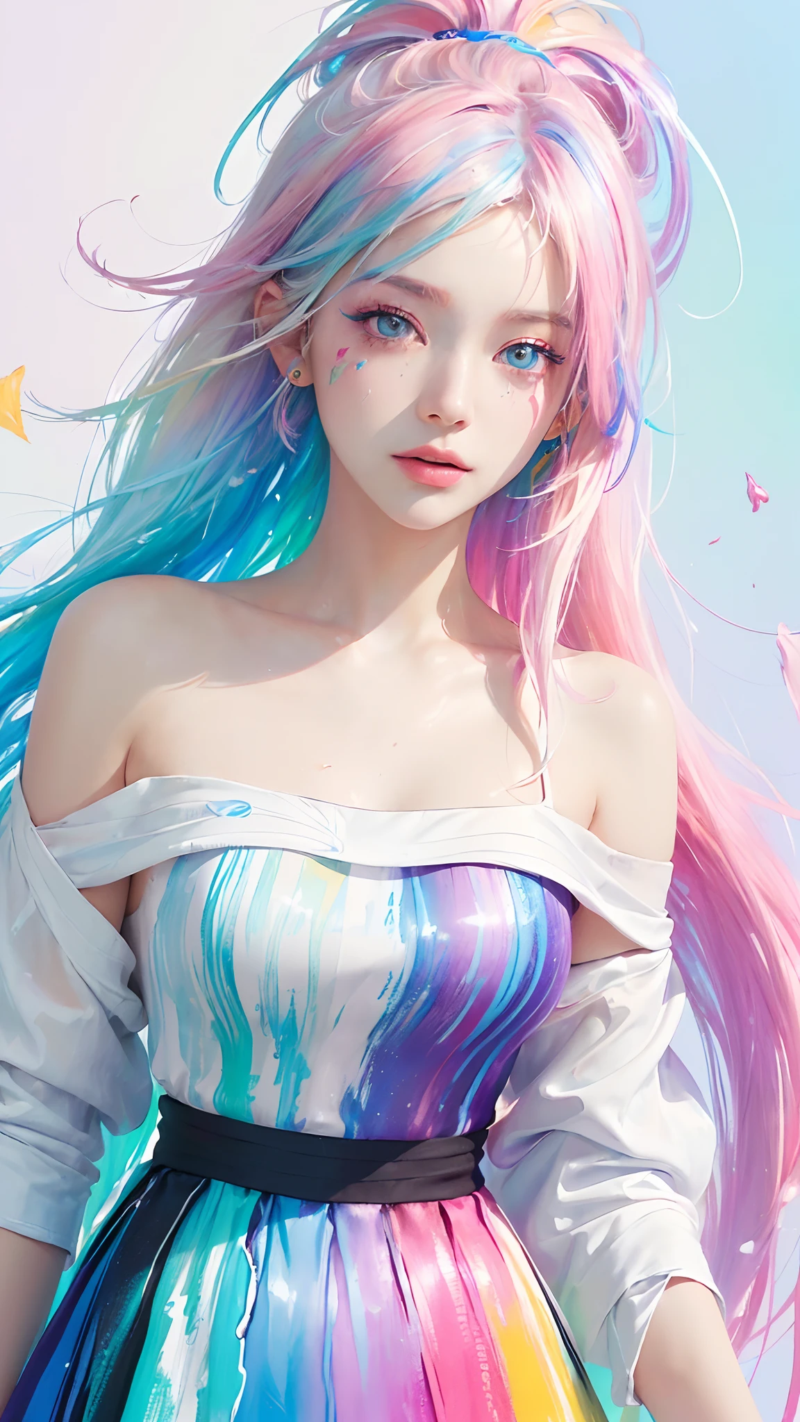 (Pink Fashion T-shirt:1.9),(Colorful hair: 1.8), (all the colours of the rainbow: 1.8),(((((vertical painting:1.6))), (painting:1.6),front, comics, illustrations, paintings, large eyes, crystal clear eyes,( rainbow color gradient high ponytail:1.7), exquisite makeup, closed mouth,(Small Fresh: 1.5),(Wipe Chest: 1.6) ,long eyelashes, white off shoulder T-shirt, White Shoulder Shirt,looking at the audience, large watery eyes, (rainbow colored hair:1.6), color splash, (solo:1.8), color splash, color explosion, thick paint style, messy lines, ((shining)),(colorful), (colorful), (colorful), colorful, Thick Paint Style, (Splash) (Color Splash), Vertical Painting, Upper Body, Paint Splash, Acrylic Pigment, Gradient, Paint, Highest Image Quality, Highest Quality, Masterpiece, Solo, Depth of Field, Face Paint, colorful clothes, (Elegant: 1.2), gorgeous,long hair, wind, (Elegant: 1.3), (Petals: 1.4),(((masterpiece))),(((best quality))),((ultra-detailed)),(illustration),(dynamic angle),((floating)),(paint),((disheveled hair)),(solo),(1girl) , (((detailed anima face))),((beautiful detailed face)),collar,bare shoulders,white hair, ((colorful hair)),((streaked hair)),beautiful detailed eyes,(Gradient color eyes),(((colorful eyes))),(((colorful background))),(((high saturation))),(((surrounded by colorful splashes))),