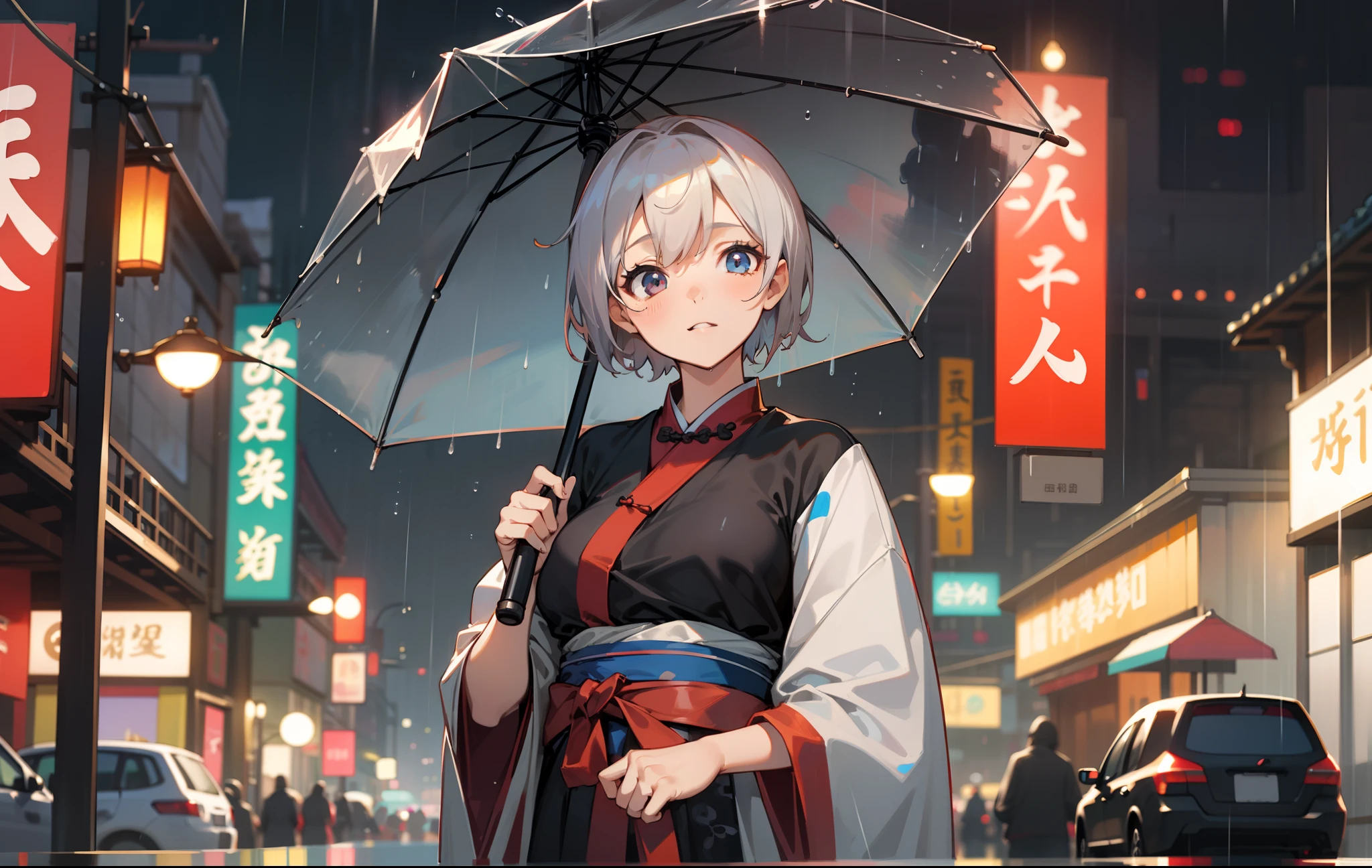 masutepiece, Best Quality, High quality, High Definition CG Unified Wallpaper 8K, Girl's short hair black, Wearing cool black hanfu costume, Cute, Standing Fairy Satin Chinese Style, rainy, Bokeh on rainy days, The surrounding cityscape, With depth,Colossal tits