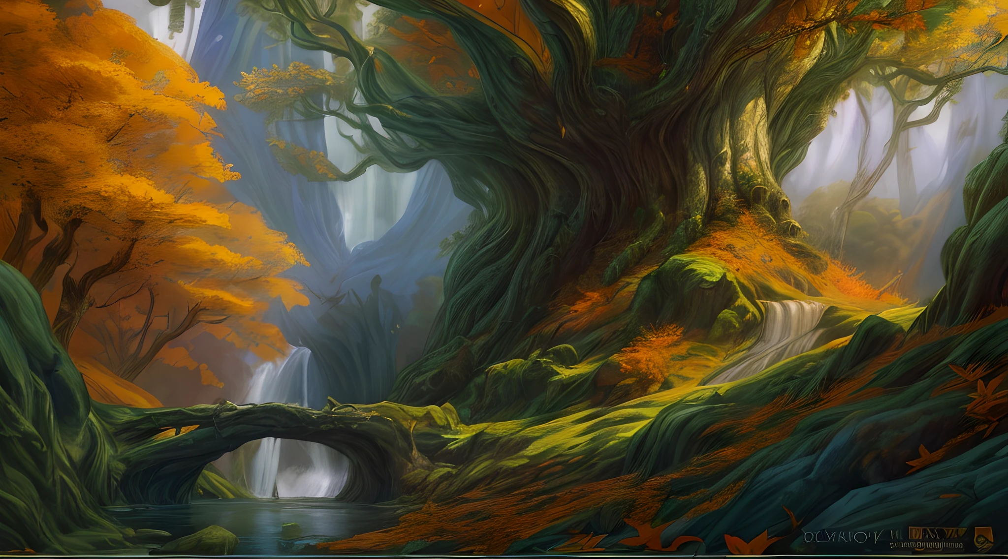 high details, best quality, 8k, [ultra detailed], masterpiece, best quality, (extremely detailed), dynamic angle, ultra wide shot, photorealistic, fantasy art, dnd art, rpg art, realistic art, an ultra wide picture of druid grove in a fantasy autumn forest and its druid warden observing all, a fantasy forest (intricate details, Masterpiece, best quality: 1.5), (at autumn: 1.5), in orange, red, yellow brown leaves, many trees, a stream of water (intricate details, Masterpiece, best quality: 1.5), waterfall (intricate details, Masterpiece, best quality: 1.5), human female druid, full body (intricate details, Masterpiece, best quality: 1.5), exquisite beautiful woman druid (intricate details, Masterpiece, best quality: 1.5), ultra detailed face (intricate details, Masterpiece, best quality: 1.6), black hair, long hair, wavy hair (intricate details, Masterpiece, best quality: 1.5),, dynamic eyes color, fair skin, wearing blue cloak (intricate details, Masterpiece, best quality: 1.5), green robe (intricate details, Masterpiece, best quality: 1.5), cinematic light, pastoral atmosphere, divine light, gods rays, fantasy_world