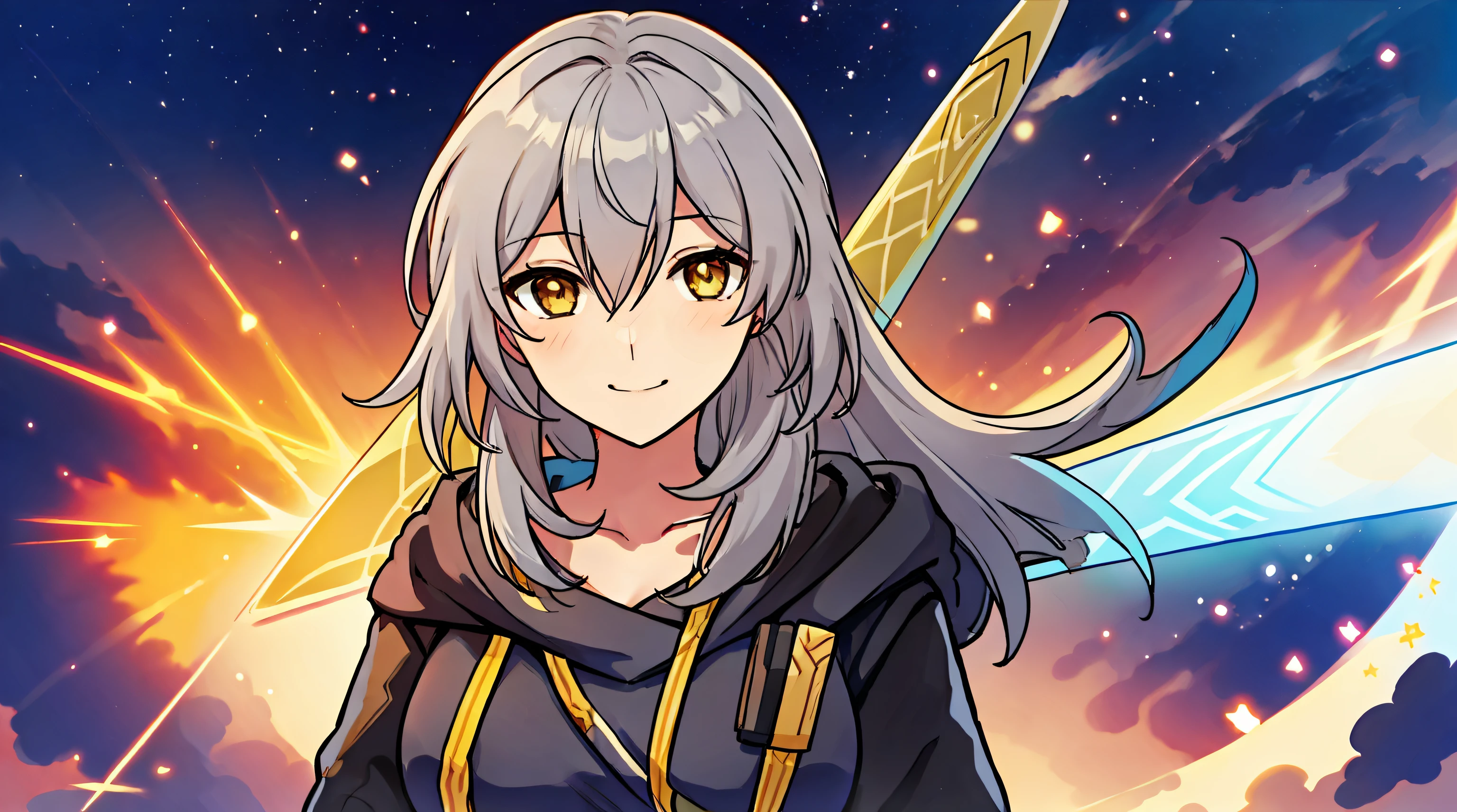 stelle (honkai star rail), huge breasts, holding weapon, beach, 1girl, solo, hoodie, headphones, light smile, upper body, day, clouds,'