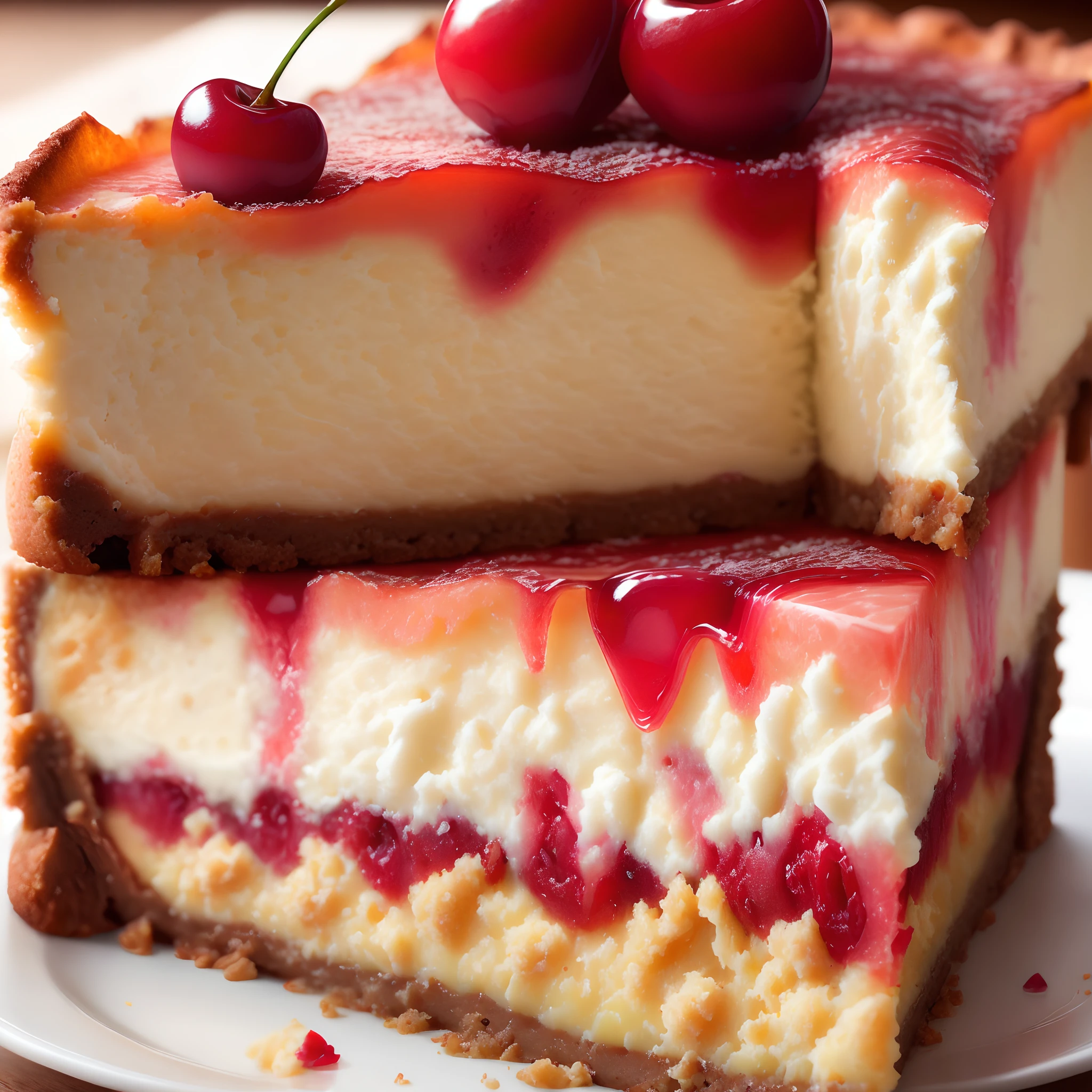 Appetizing slice of cherry cheesecake, professional photography and light, close-up --ar 2:3 --v 5 --q 2