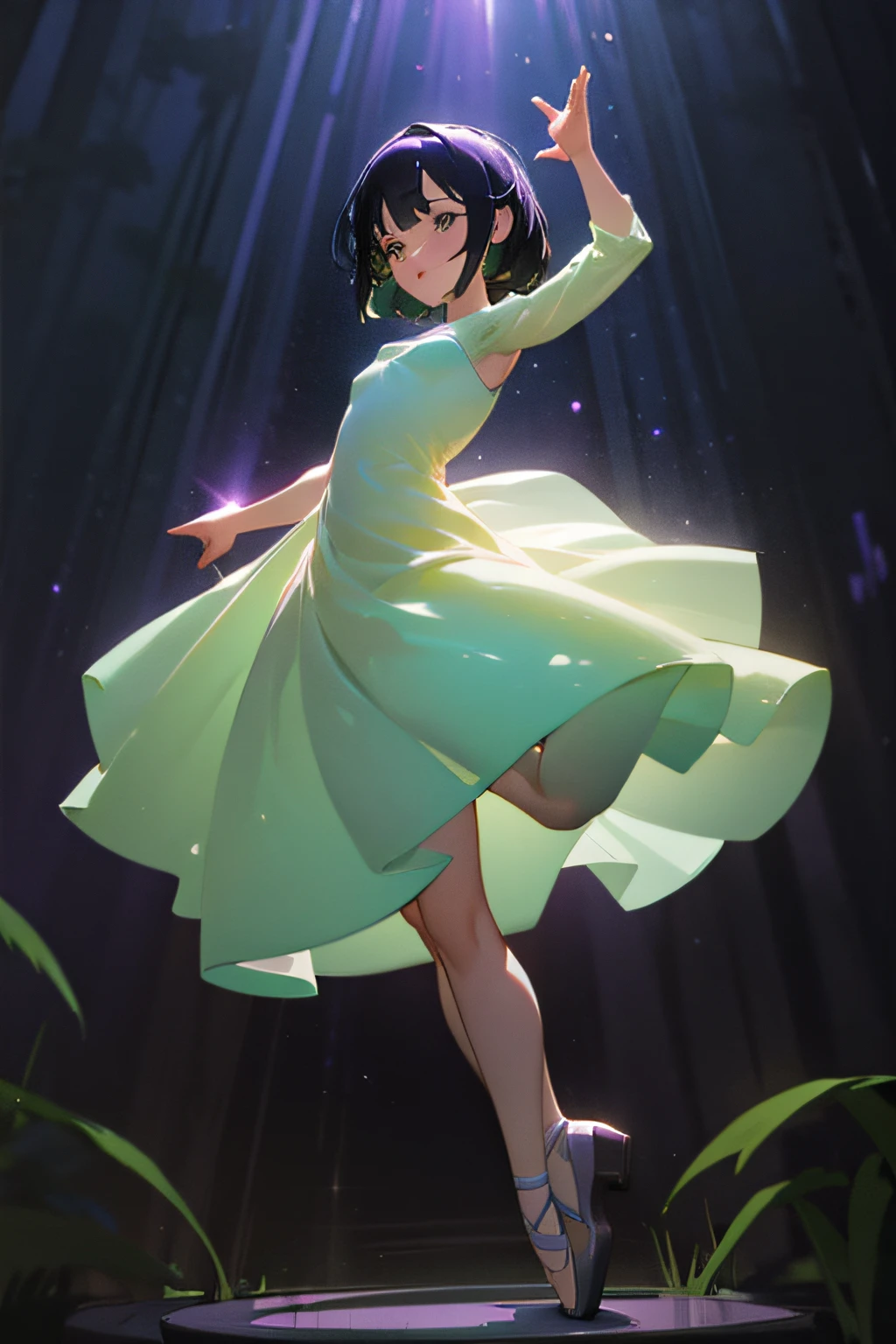 girl dynamically dancing in the forest, ballerina, translucent dress,white dress, black hair, blue-green light in the distance shines through the dress showing the contours of the body,flying lights next to the figure, background high dark forest,
dark purple background colors, background dark