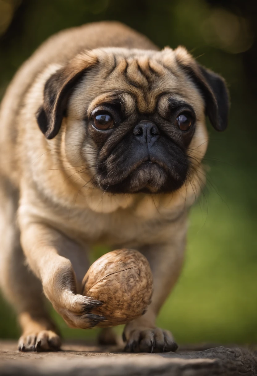 squirrel pug hybrid, holding a nut, macro