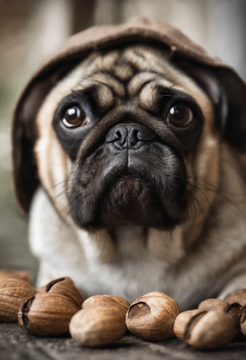 squirrel pug hybrid, holding a nut, macro