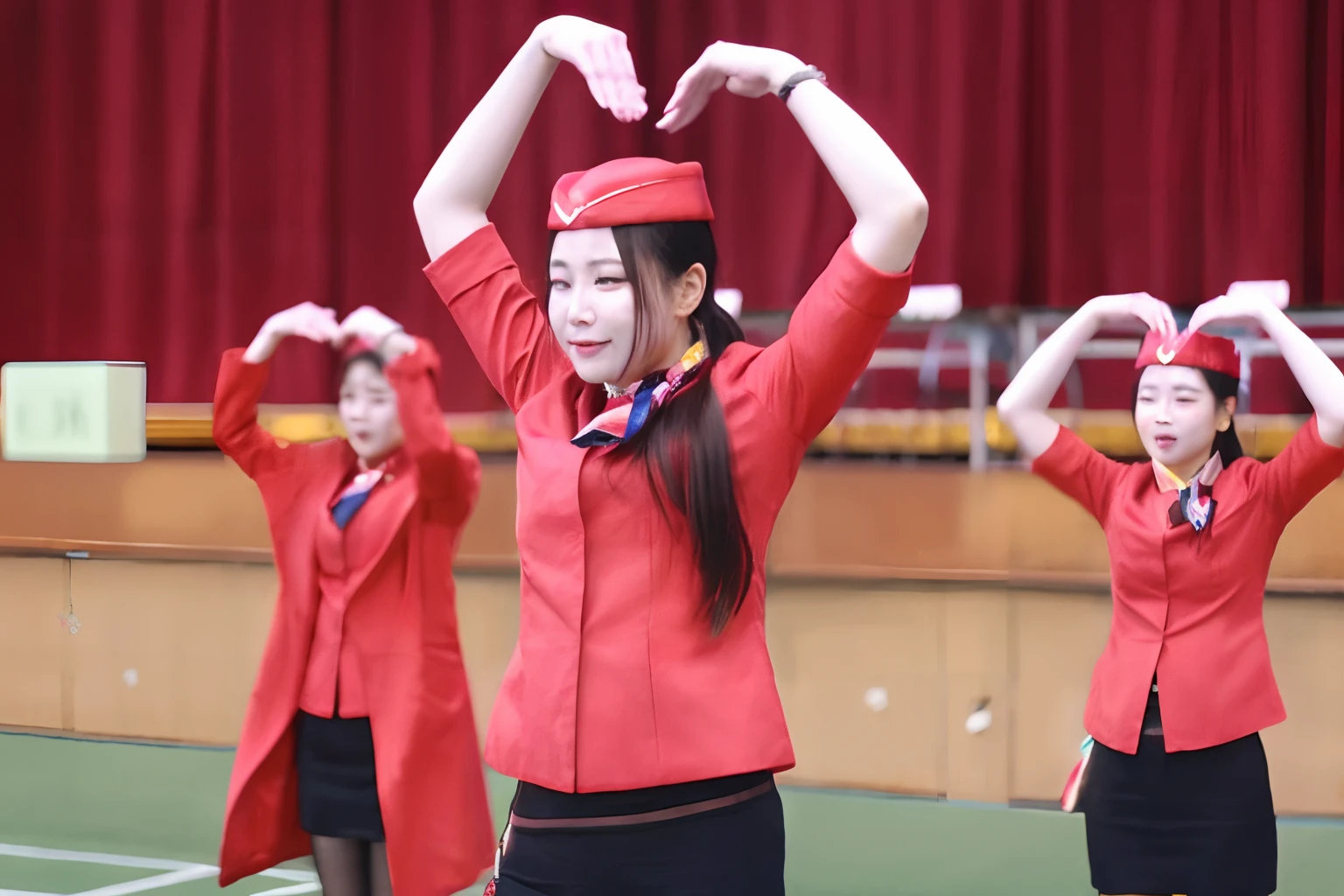There were three girls in red uniforms dancing, Red Uniform, chinese ribbon dance, Lu Ji, shaxi, wenfei ye, xue han, mingchen shen, yuli ban, Li Zixin, wearing red attire, lei min, xintong chen, image, Kim Hyun-joo, xiaofan zhang, inspired by Liu Haisu, wei wang
