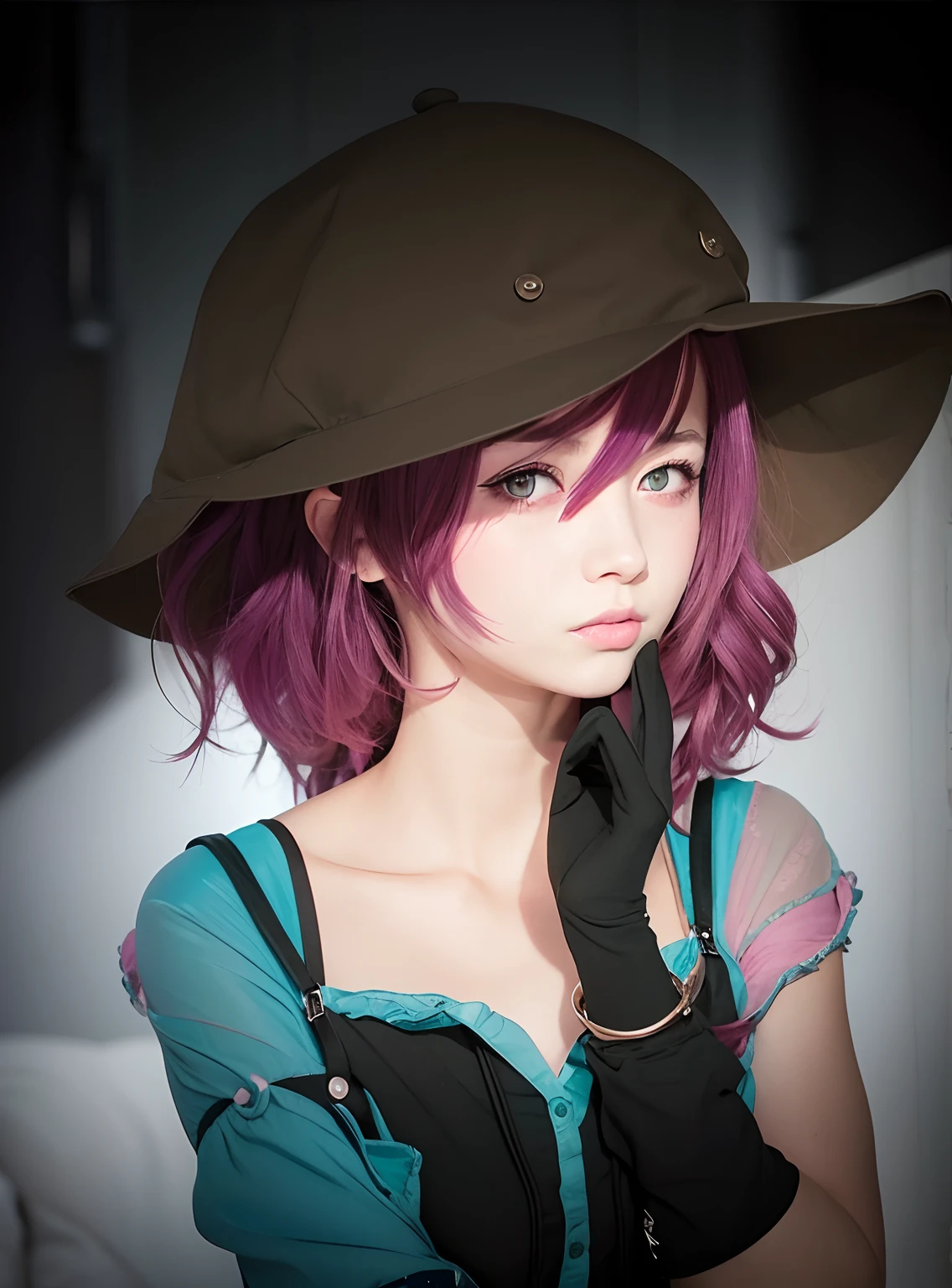 1girl, model, brown hat, pink eyes, black to pink hair