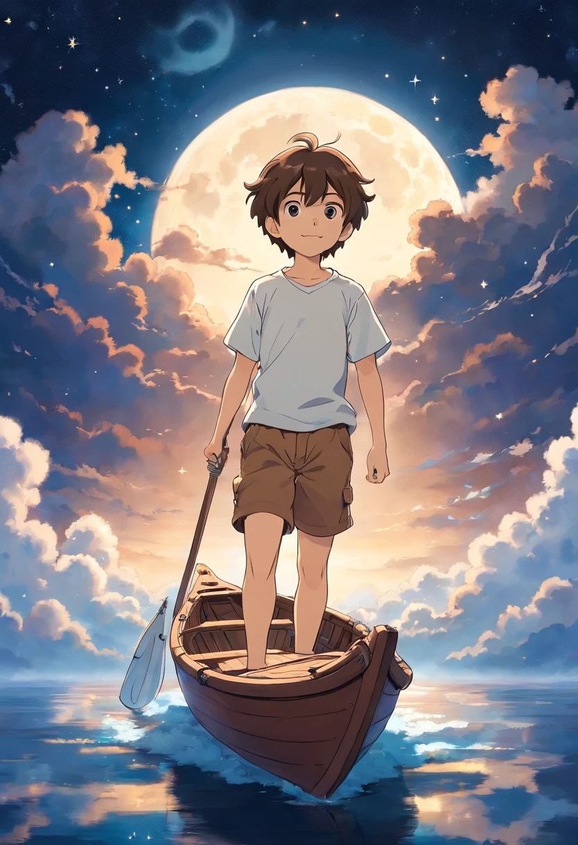 Young boy, brown hair, wearing white t-shirt, wearing brown shorts, rowing small boat in a sea of clouds in the sky at night with moon and stars in the background.