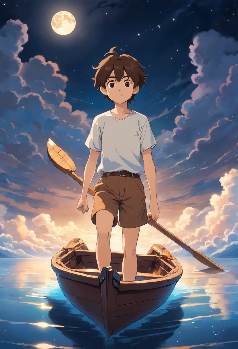 Young boy, brown hair, wearing white t-shirt, wearing brown shorts, rowing small boat in a sea of clouds in the sky at night with moon and stars in the background.