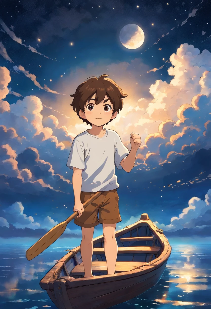 Young boy, brown hair, wearing white t-shirt, wearing brown shorts, rowing small boat in a sea of clouds in the sky at night with moon and stars in the background.
