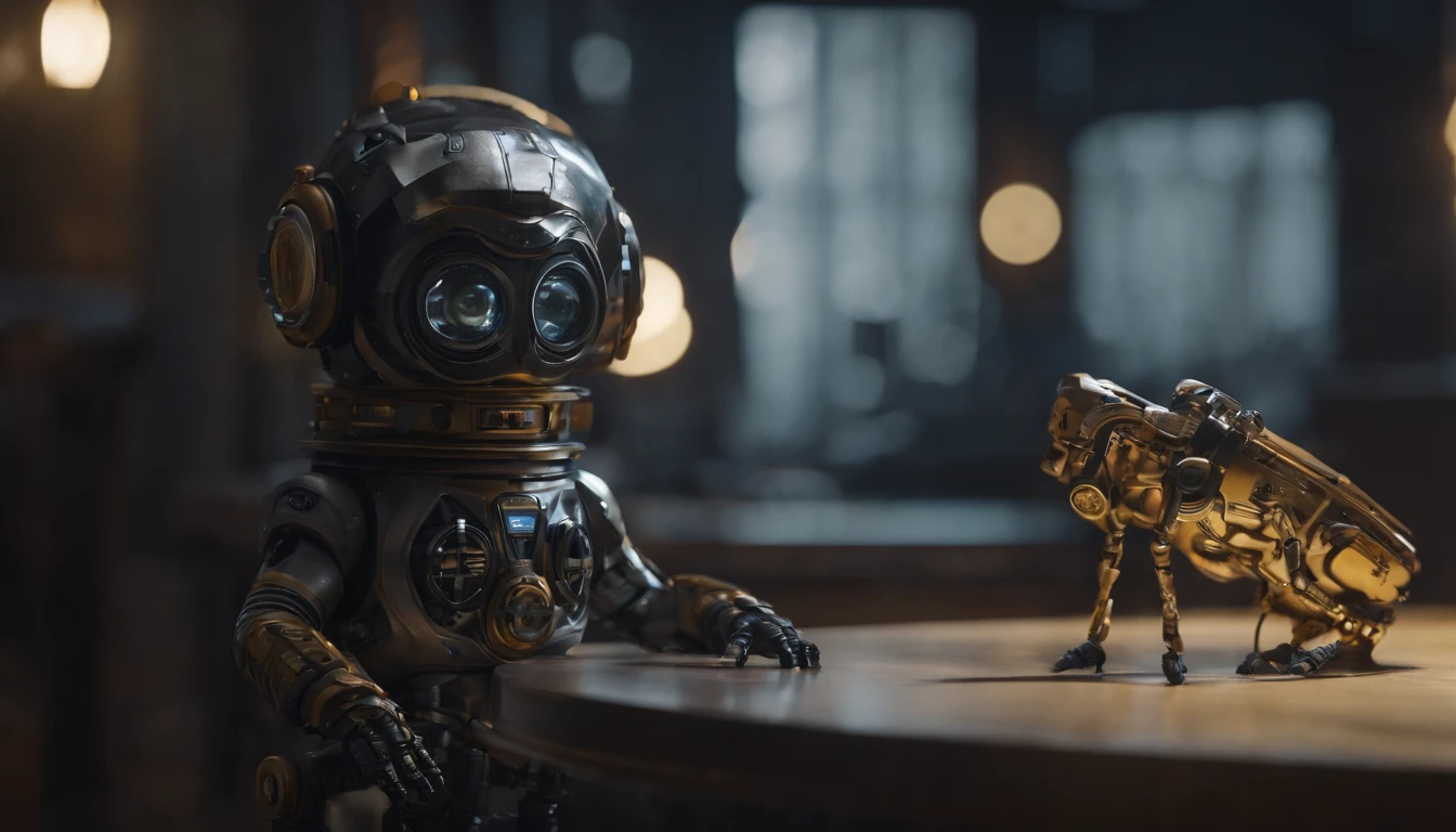 Chappie style babysitter ,a baby, ??? Robot,(masterpiece,extreme detailed,top quality) , Ruin ,very cute robot, (Movie lighting),(light and shadow effect),(unreal-engine),(Tyndall),(cinema4d),(Super futuristic fantasy style),(8k wallpaper),(tmasterpiece),(Photography Award),
