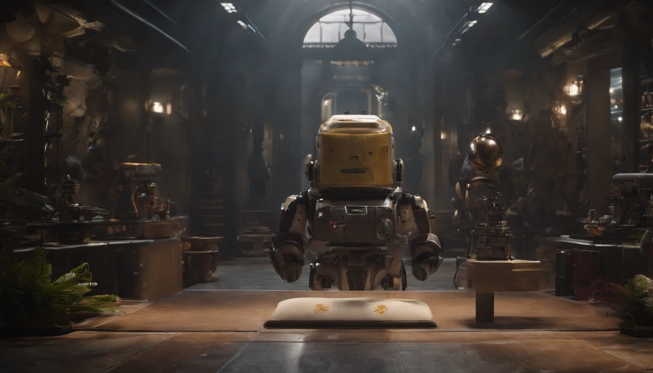 Chappie style babysitter ,a baby, ??? Robot,(masterpiece,extreme detailed,top quality) , Ruin ,very cute robot, (Movie lighting),(light and shadow effect),(unreal-engine),(Tyndall),(cinema4d),(Super futuristic fantasy style),(8k wallpaper),(tmasterpiece),(Photography Award),