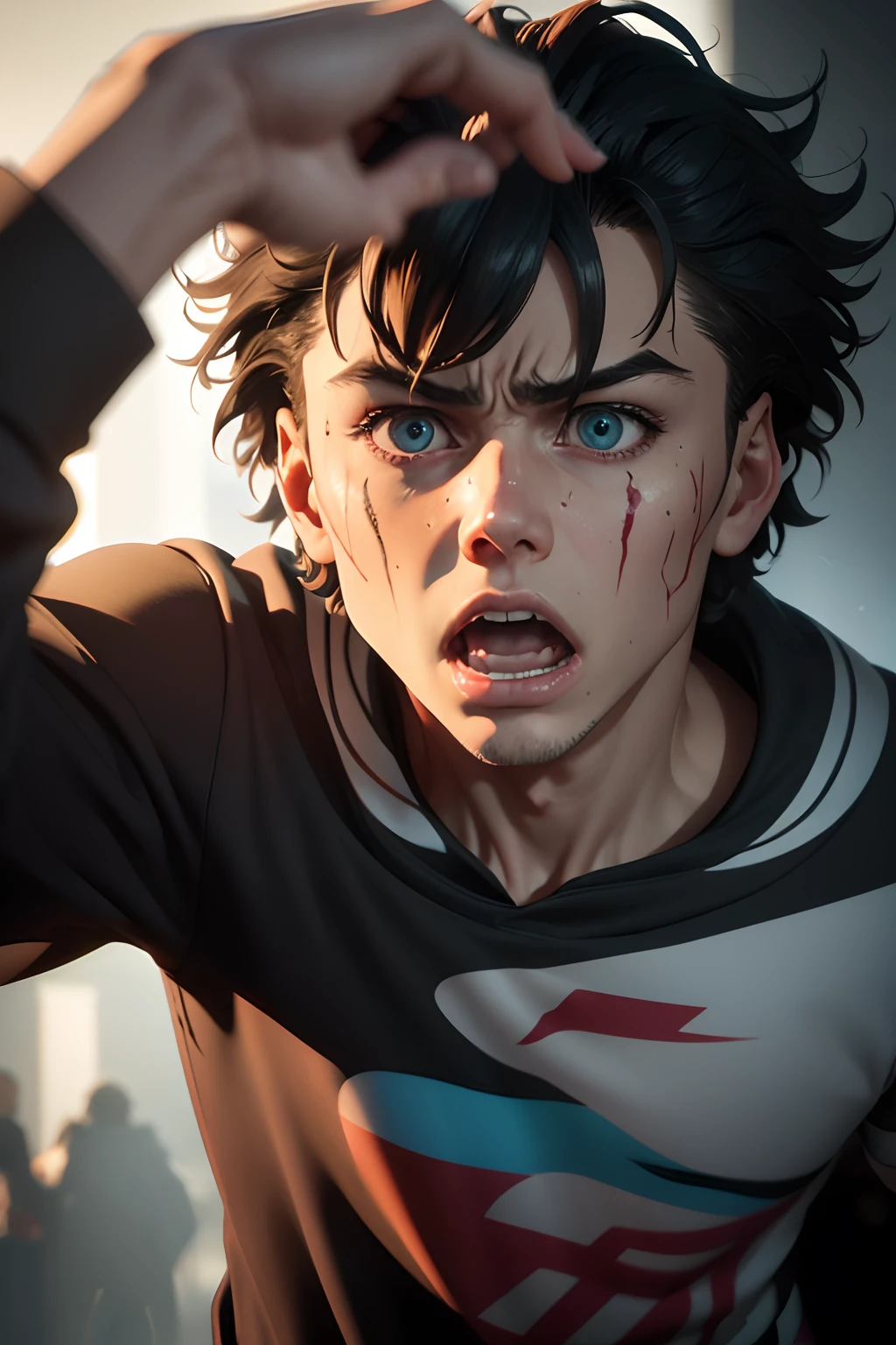 (best quality,highres),shock and surprise,boy,wide eyes,open mouth,messy hair,frightened expression,hand covering mouth,incredible details,realistic,hair strands,fine wrinkles on face,sharp focus,vivid colors,dynamic lighting,shadows,close-up,expressive emotions,motion blur,eerie atmosphere,whimsical,emotional impact,chaotic background,fast-paced,energetic,unique style,abstract elements,creative interpretation